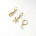 QIAOREN 11849 3Pcs Ocean Huggie Hoop Earrings Set Stainless Steel Gold Cowrie Shell Starfish Pearl Dangle Jewelry for Women US