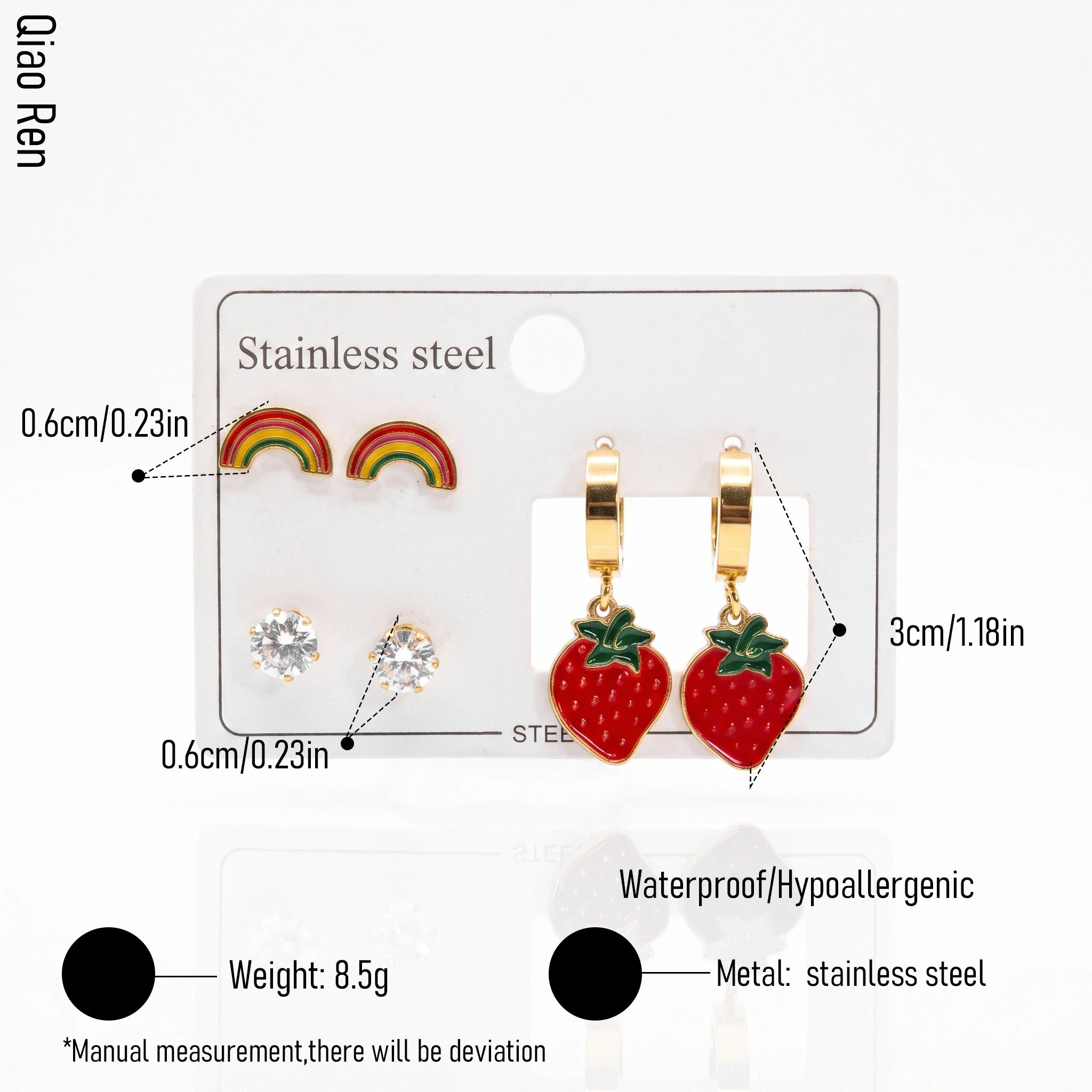 QIAOREN 14530 Waterproof Stainless Steel Strawberry Earrings Set Rainbow Hoop Stud Earrings CZ Crystal Jewelry Women