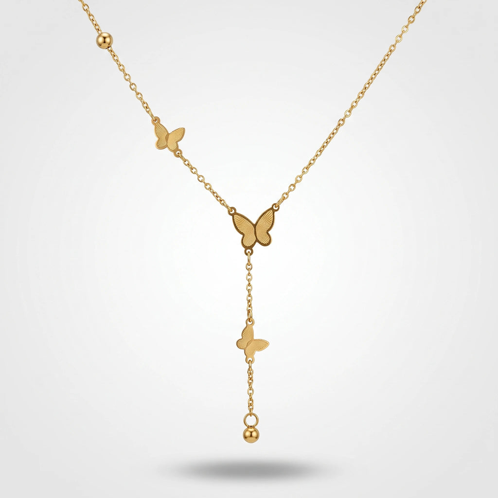 QIAOREN 13504 Minimalist Triple Butterfly Y Drop Necklace with Smooth Round Ball Pendant, Dainty Beaded Thin Cable Chain