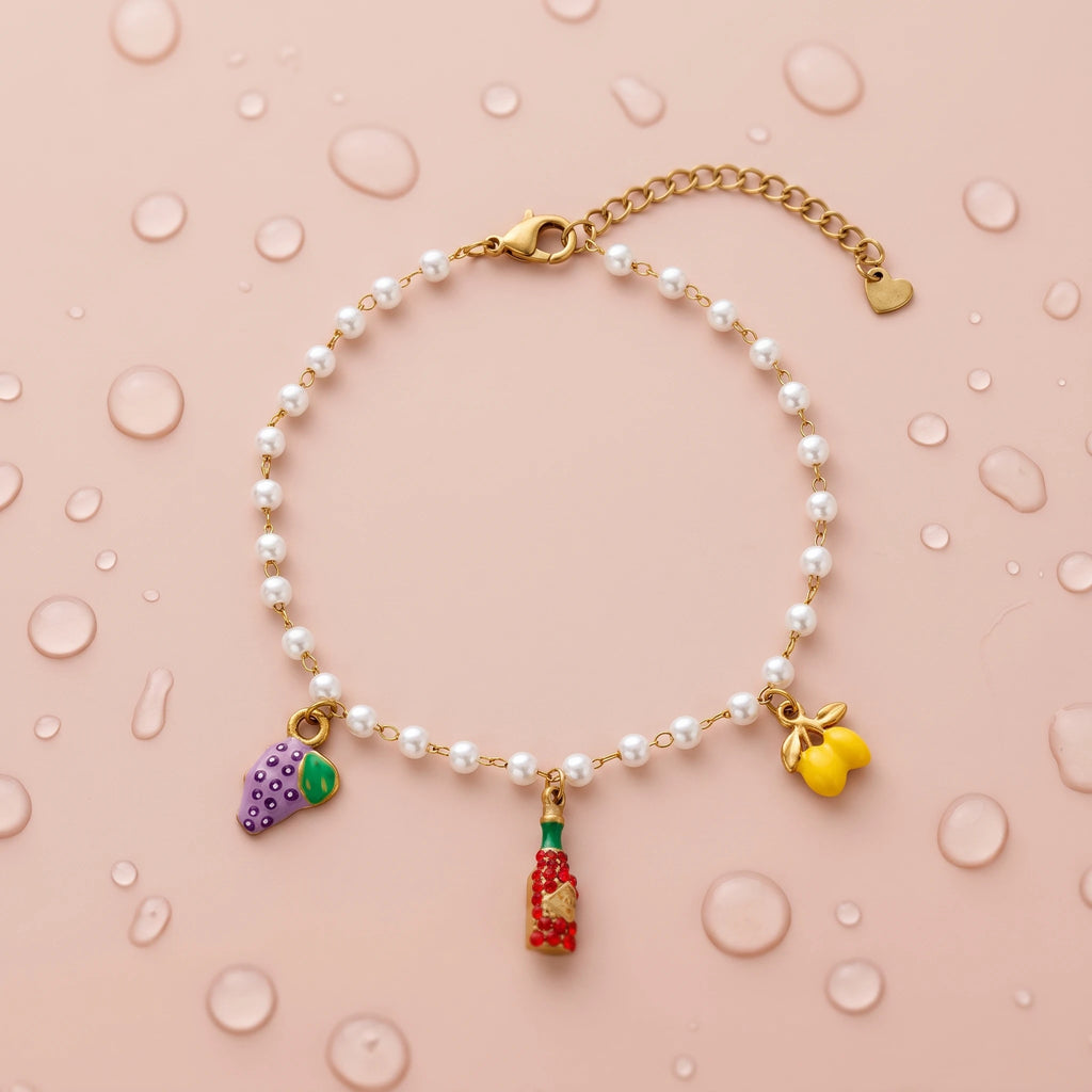 QIAOREN 13308 Sweet Fruit Themed Pearl Anklet Enamel Grape Lemon Rhinestone Wine Bottle Adjustable Heart Jewelry