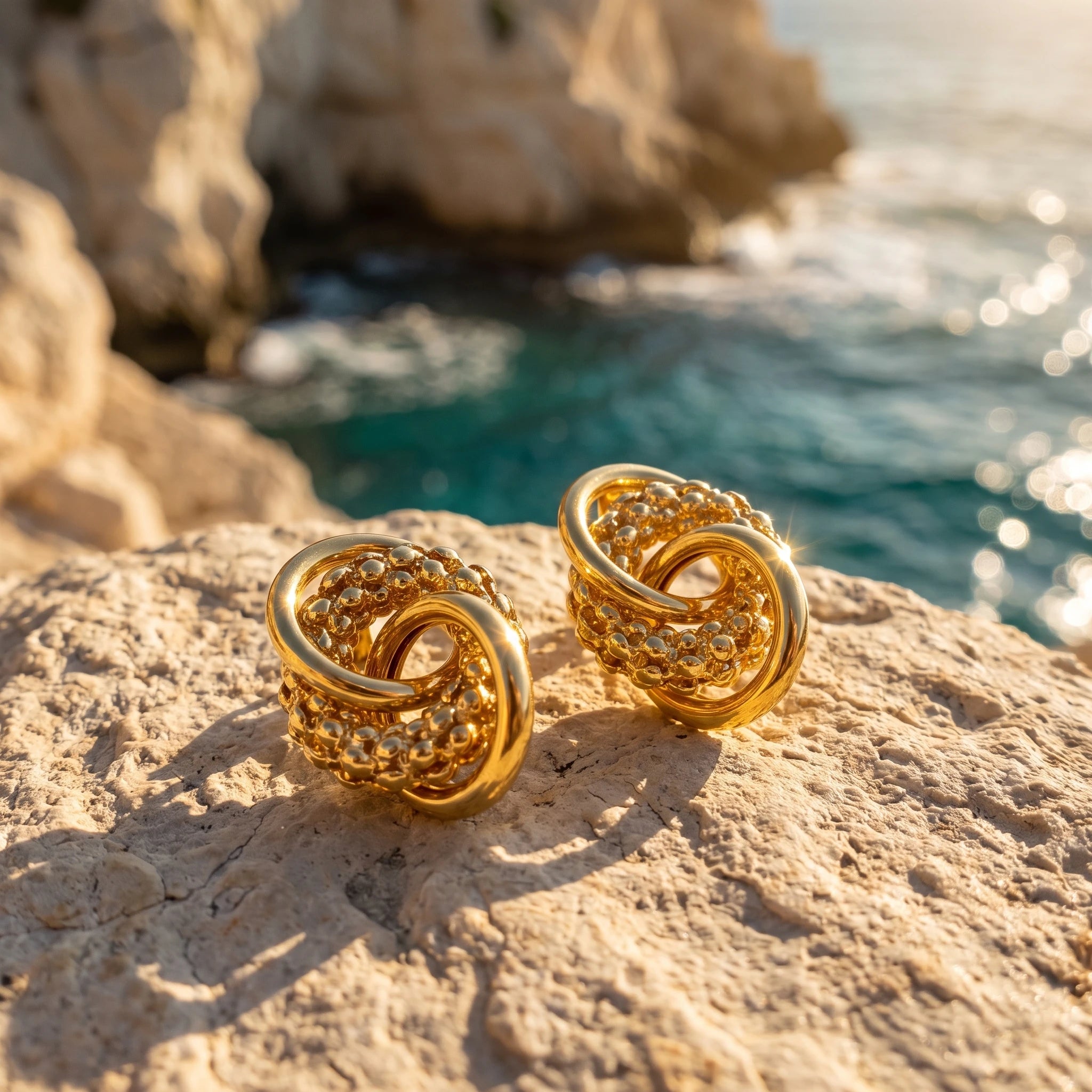 QIAOREN 14537 Beaded Interlocking Knot Stud Earrings, Textured Gold Metal Earrings, Hypoallergenic Statement Jewelry Gift