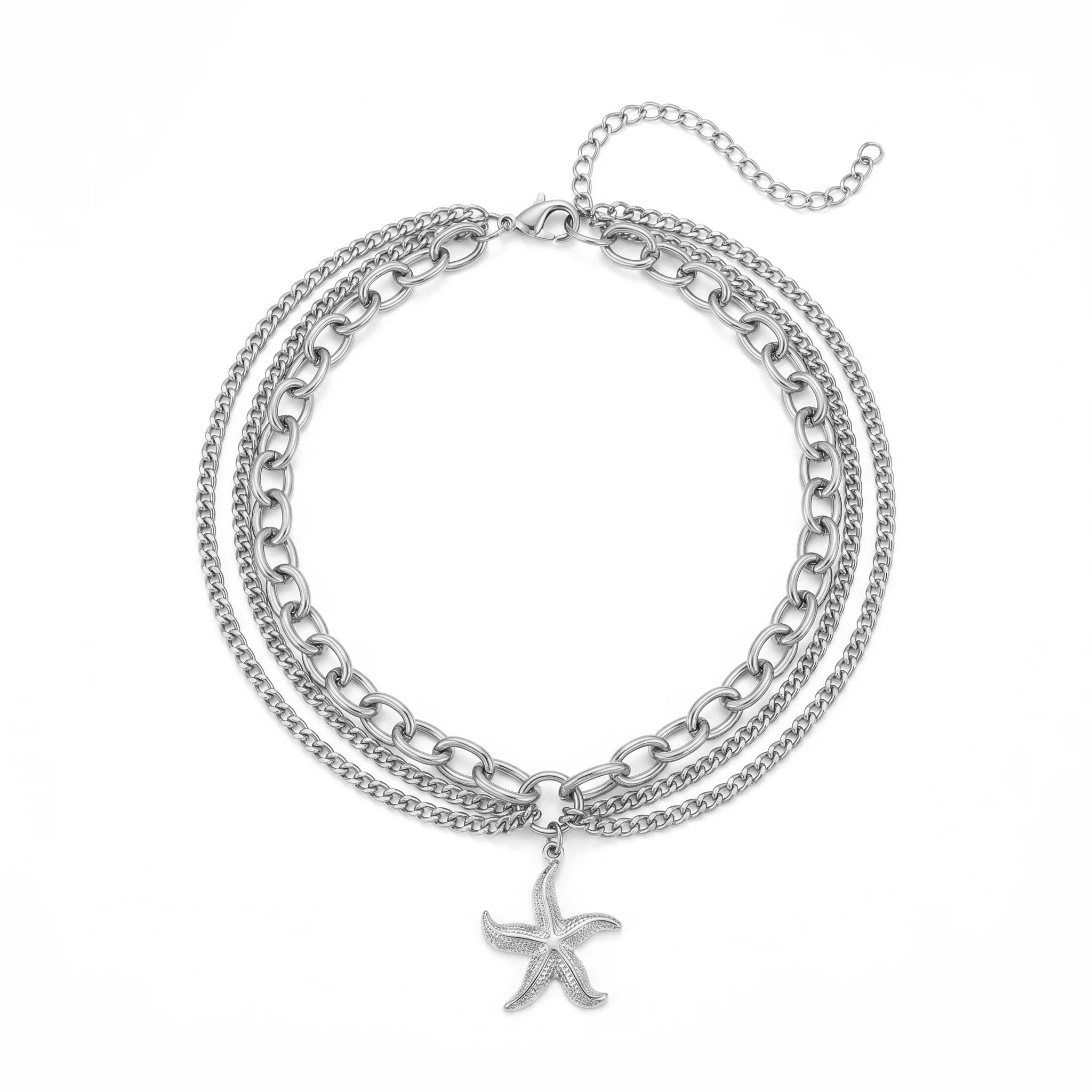 QIAOREN 11435 Dainty Boho Starfish Layered Anklet 18K Gold Plated Stainless Steel Beach Foot Chain