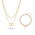 QIAOREN 11643 Tarnish Free 18K Gold Stainless Steel Interlocking Circles Jewelry Set Layered Necklace Double Chain Bracelet