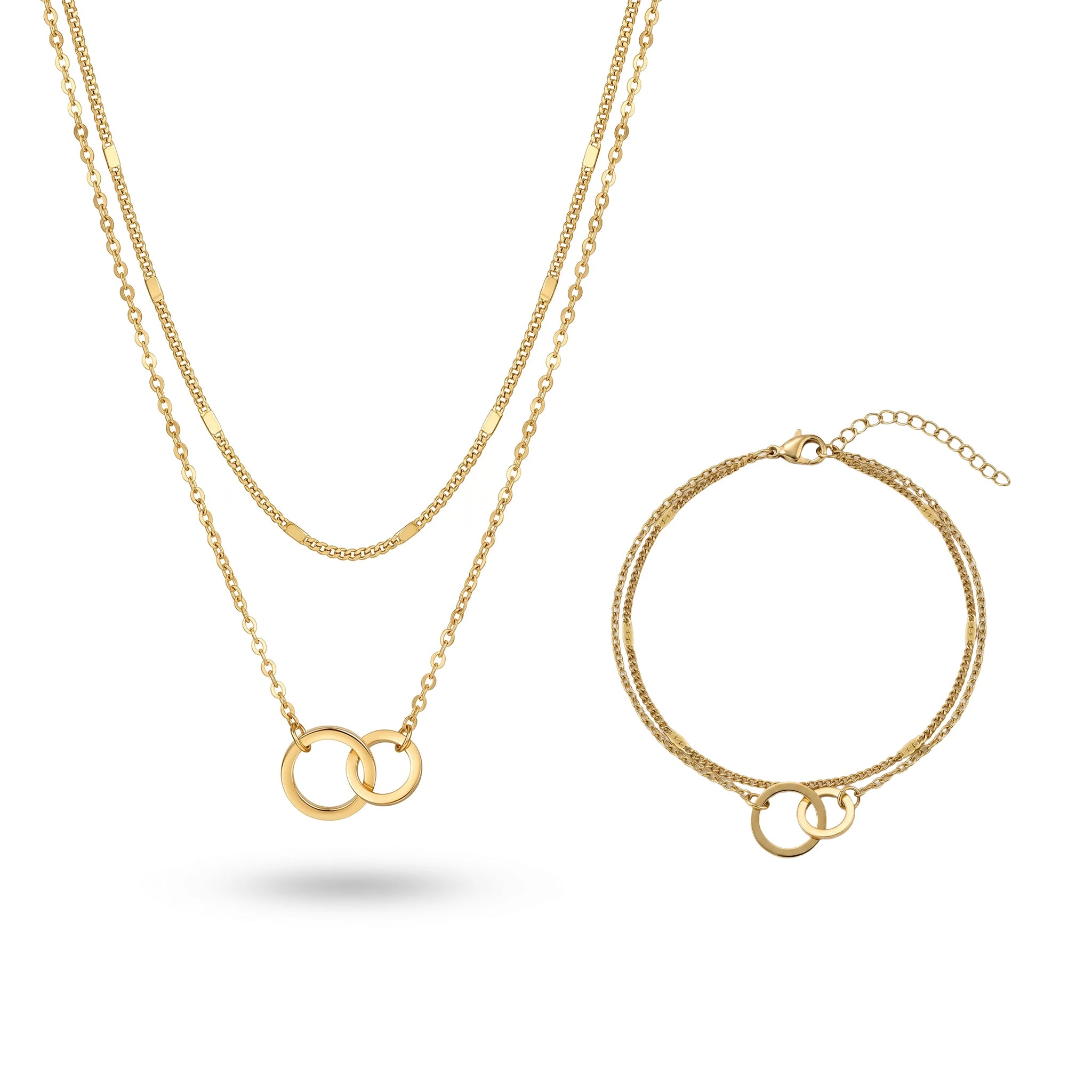 QIAOREN 11643 Tarnish Free 18K Gold Stainless Steel Interlocking Circles Jewelry Set Layered Necklace Double Chain Bracelet