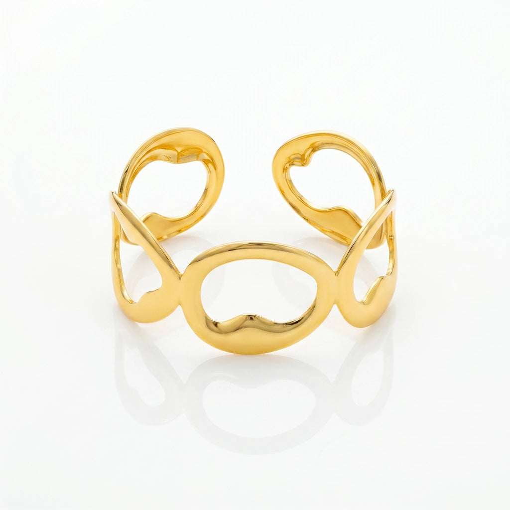 QIAOREN 12702 18K Gold Polished Irregular Linked Oval Hollow Wide Open Cuff Bracelet Stainless Steel Abstract Loop Adjustable