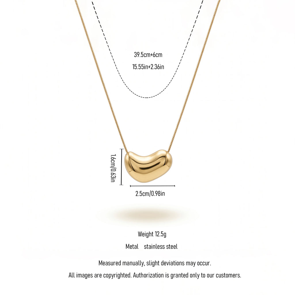 QIAOREN 13713 Smooth Polished Solid Bean Pendant Necklace, Thin Snake Chain Minimalist Gloss Gold Collar Jewelry Gift