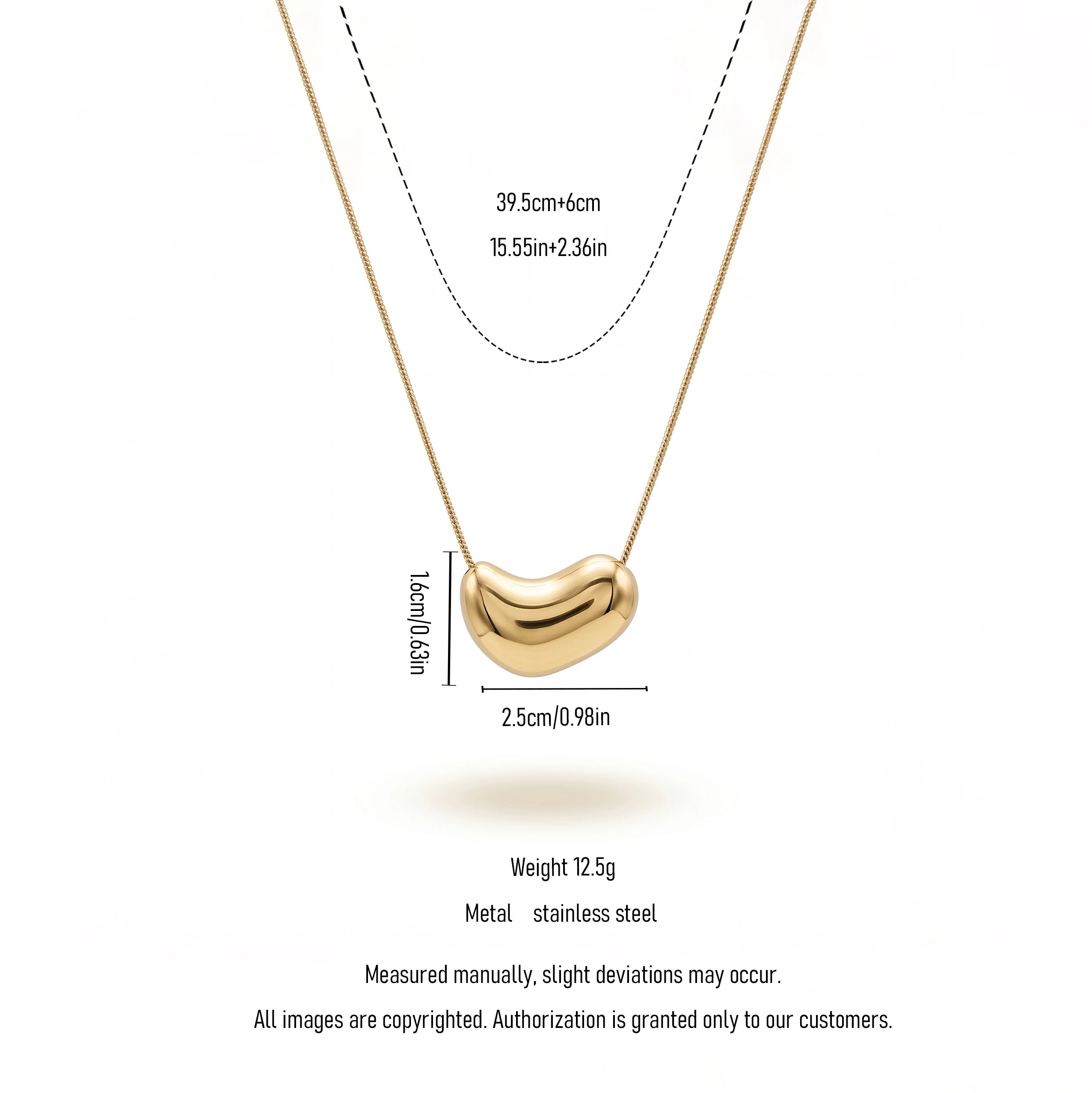 QIAOREN 13713 Smooth Polished Solid Bean Pendant Necklace, Thin Snake Chain Minimalist Gloss Gold Collar Jewelry Gift