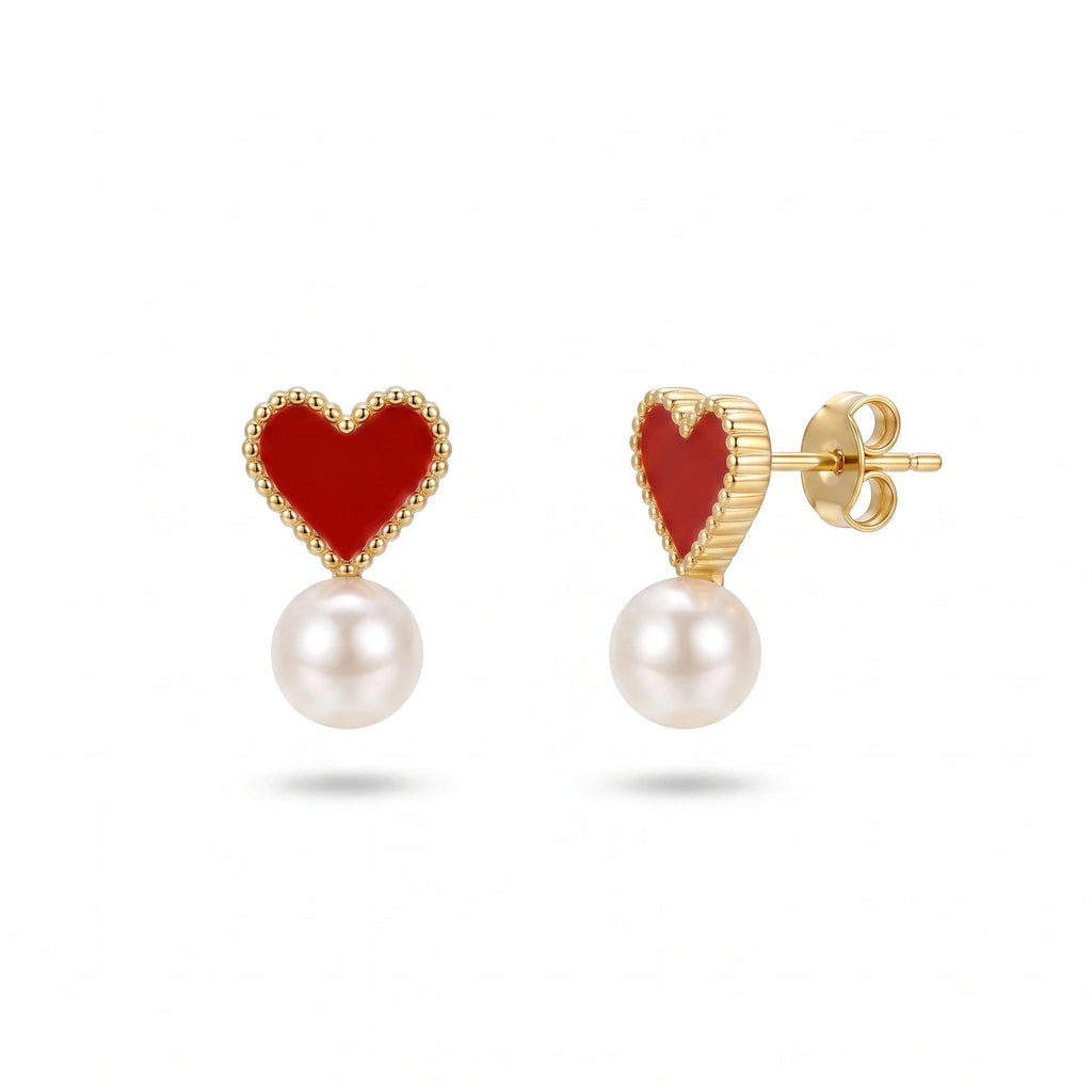 QIAOREN 13817 Beaded Border Red Enamel Heart Drop Stud Earrings with Dangling Single Smooth White Pearl
