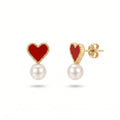 QIAOREN 13817 Beaded Border Red Enamel Heart Drop Stud Earrings with Dangling Single Smooth White Pearl