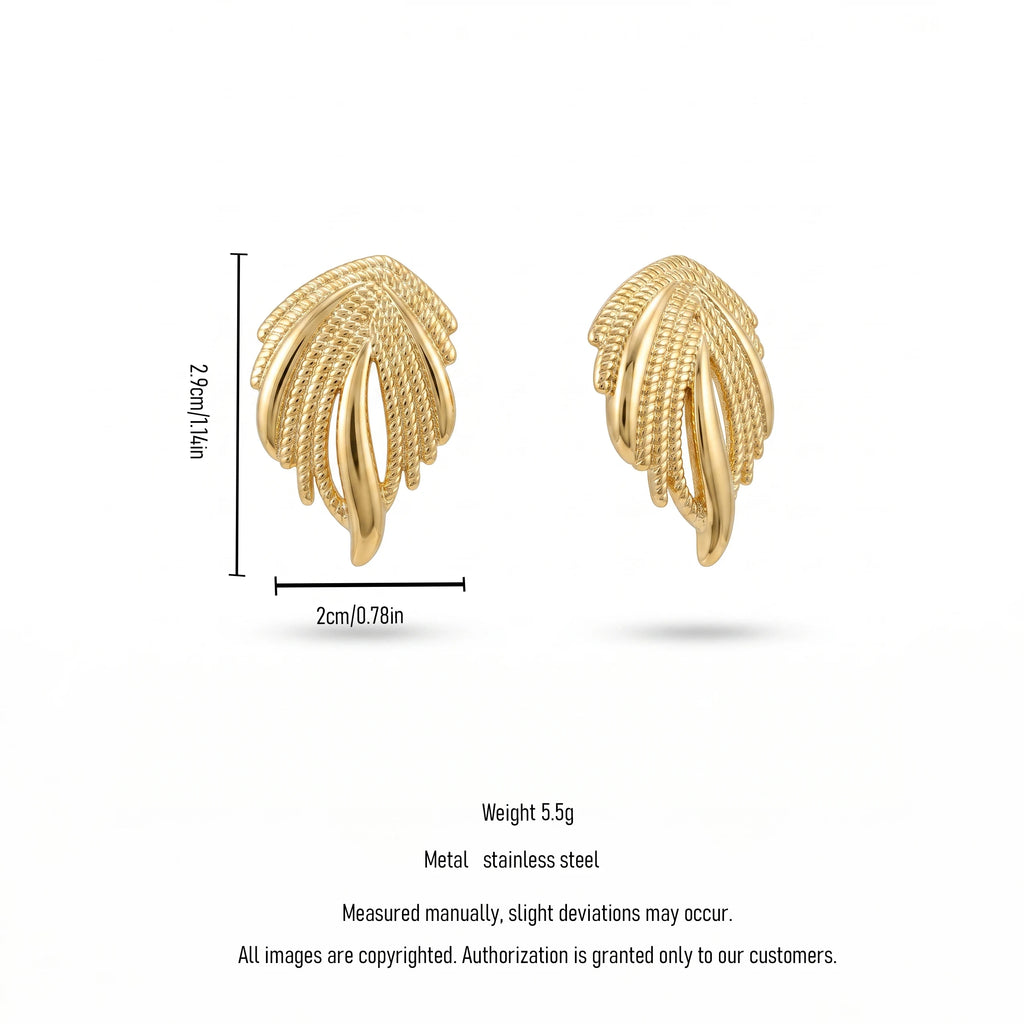 QIAOREN 14017 Polished Gold Twisted Rope Textured Leaf  Earrings, Hollow Layered Feather Shape Ear Stud Jewelry Gift