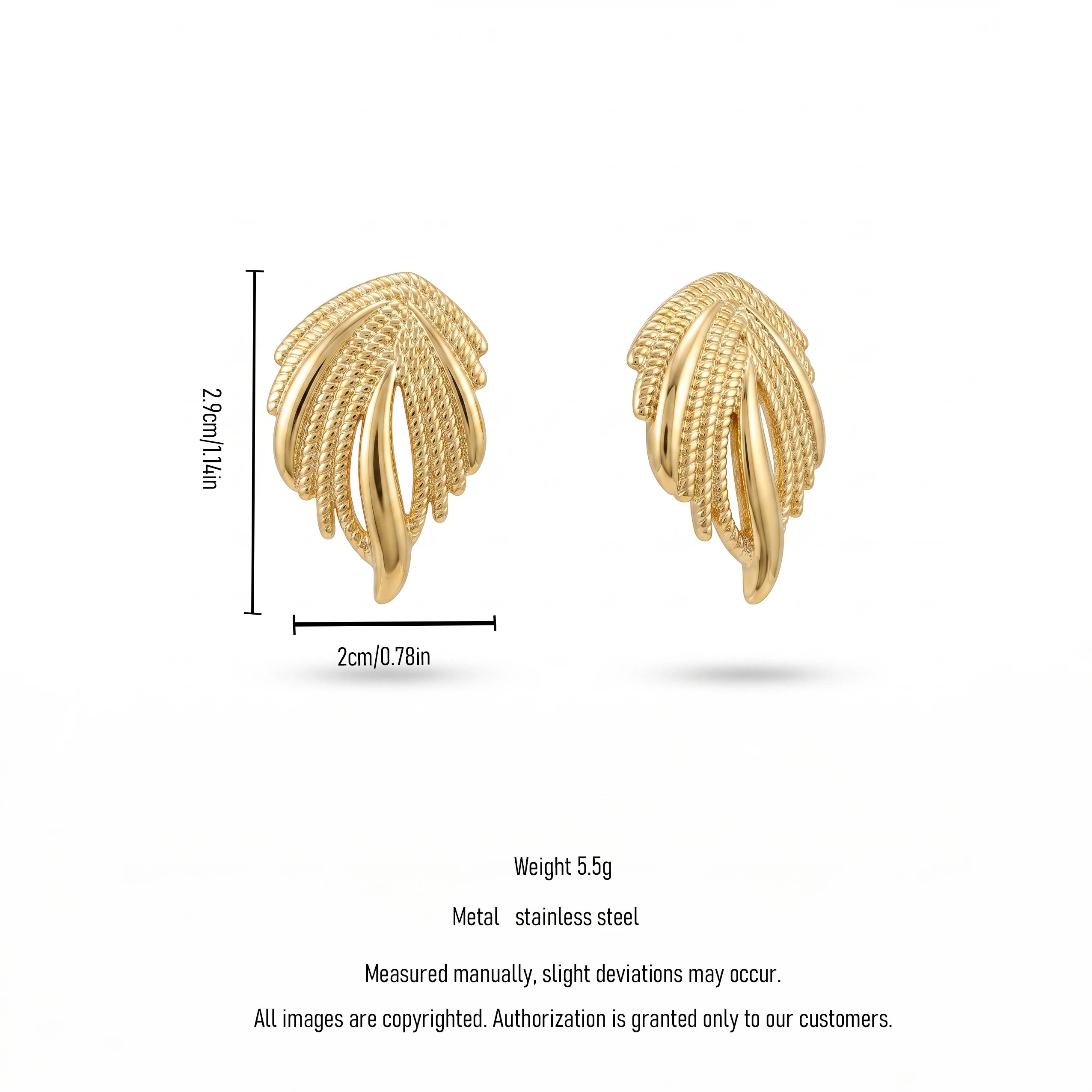 QIAOREN 14017 Polished Gold Twisted Rope Textured Leaf  Earrings, Hollow Layered Feather Shape Ear Stud Jewelry Gift