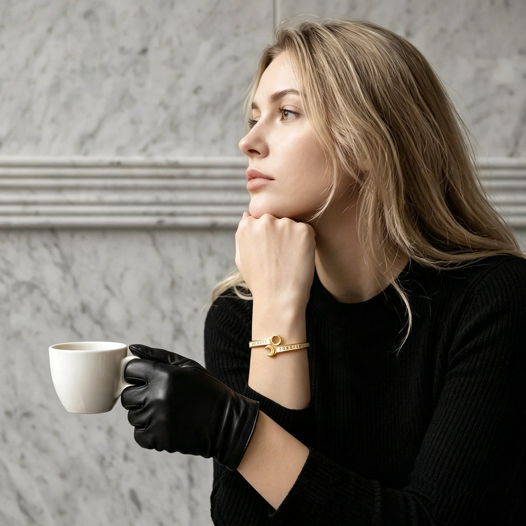 QIAOREN 14120 Stainless Steel Sun Moon Open Cuff Bracelet Gold Waterproof Couple Jewelry OEM ODM