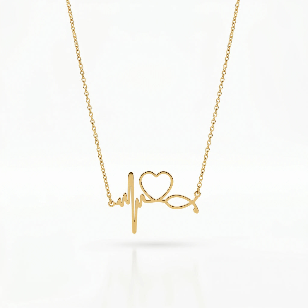 QIAOREN 11753 Waterproof Heartbeat Love Necklace 18K Gold Stainless Steel Beach & Everyday Wear