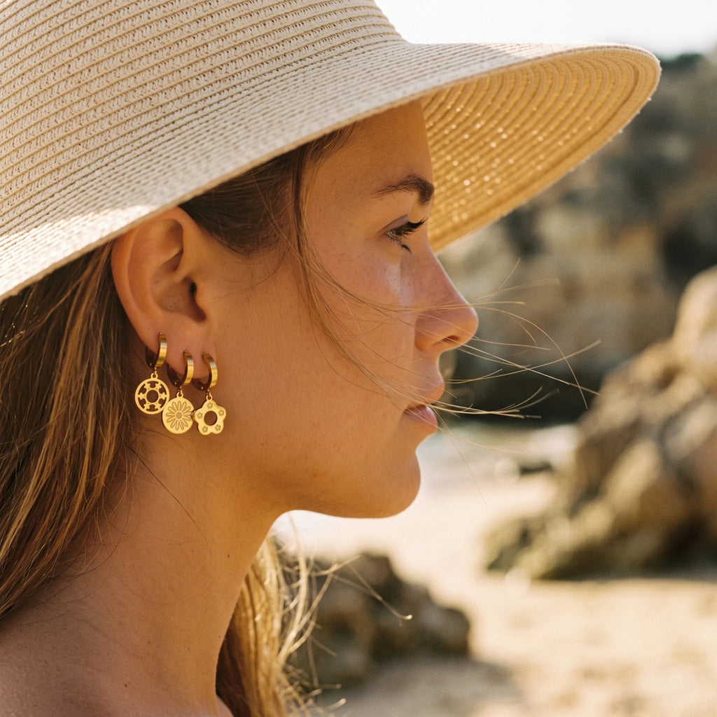 QIAOREN 14479 6 Pair Gold Stainless Steel Huggie Hoop Earrings Set, Bear & Floral Cutout Disc Dangle Drop Earrings