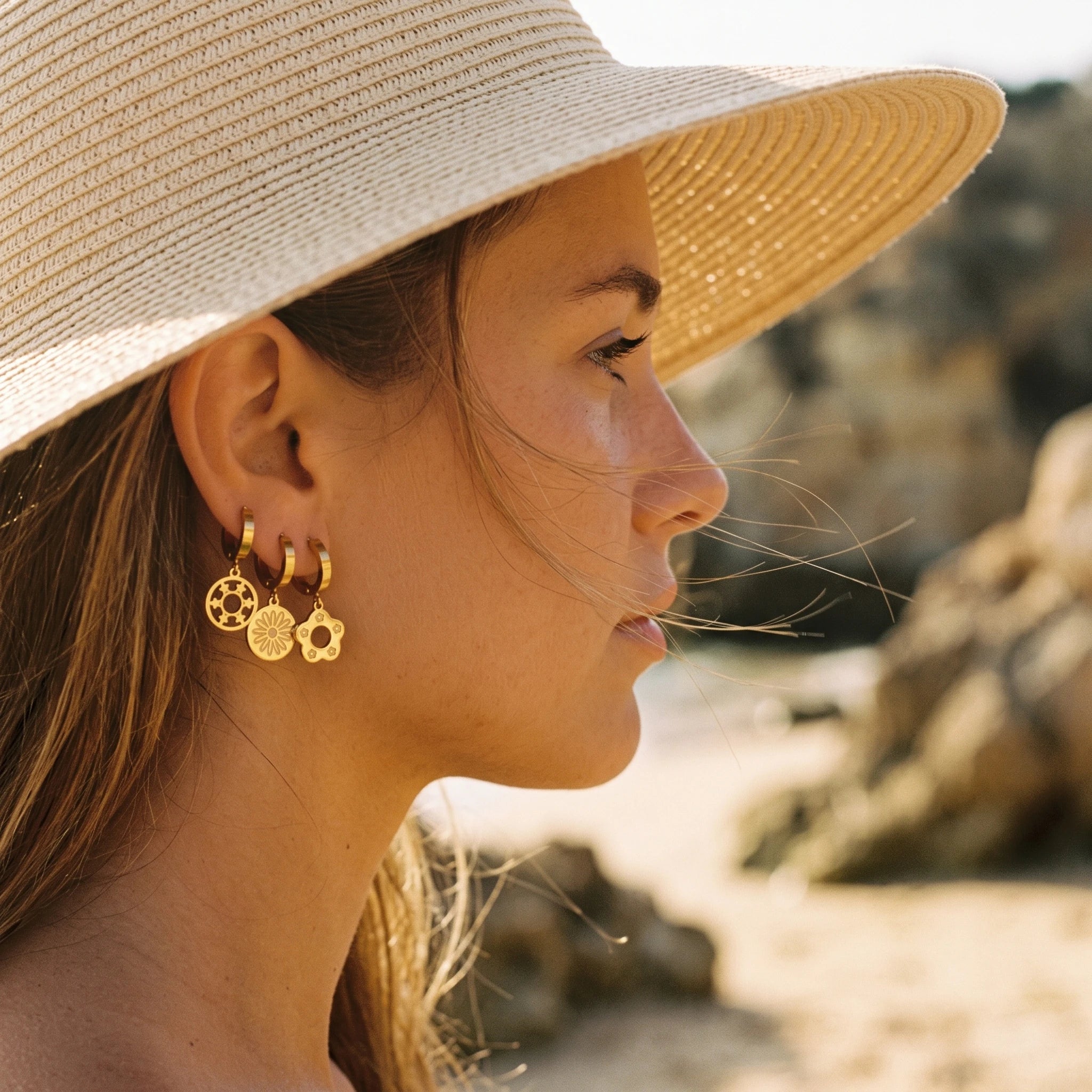 QIAOREN 14479 6 Pair Gold Stainless Steel Huggie Hoop Earrings Set, Bear & Floral Cutout Disc Dangle Drop Earrings