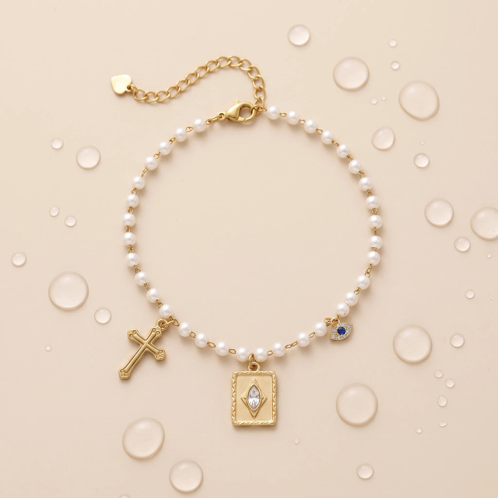 QIAOREN 13327 Vintage Pearl Anklet with Cross, Diamond Square Plate Charms, Mystical Retro Foot Jewelry Gift