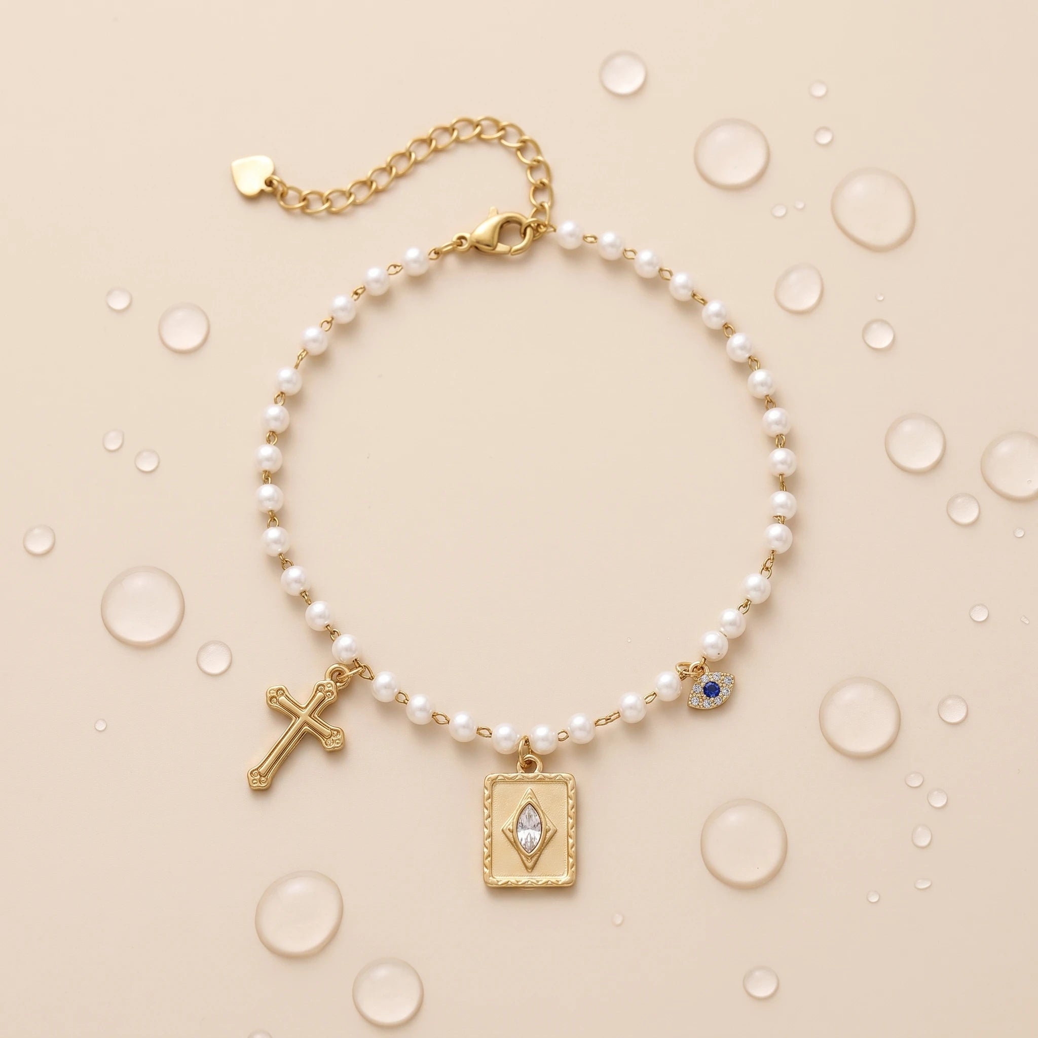 QIAOREN 13327 Vintage Pearl Anklet with Cross, Diamond Square Plate Charms, Mystical Retro Foot Jewelry Gift