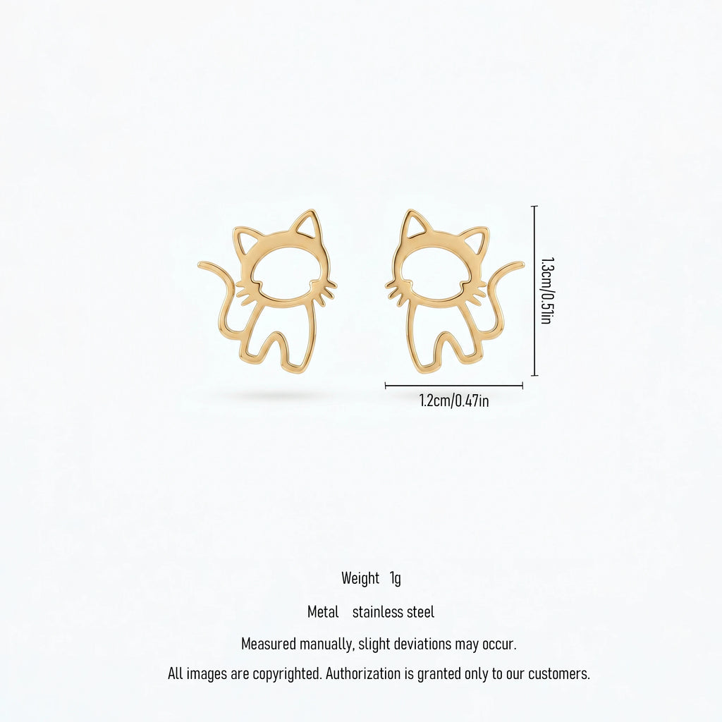 QIAOREN 11876Trendy Hollow Cat Stud Earrings Stainless Steel 18K Gold Plated Cute Kitten Outline Jewelry for Women Girls US Hot