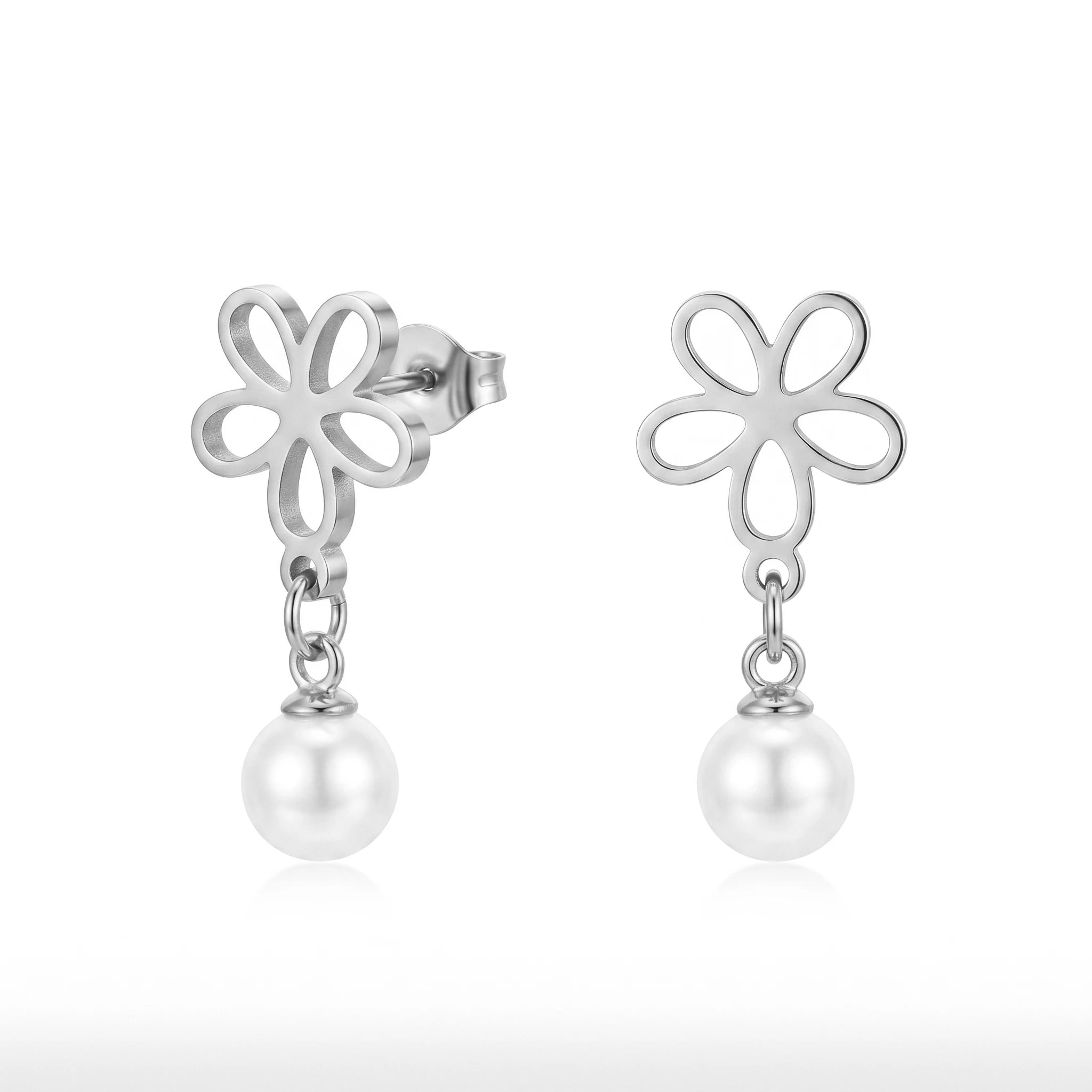 QIAOREN 10833 18K Gold Plated Stainless Steel Flower Stud Earrings with Pearl Drop for Women