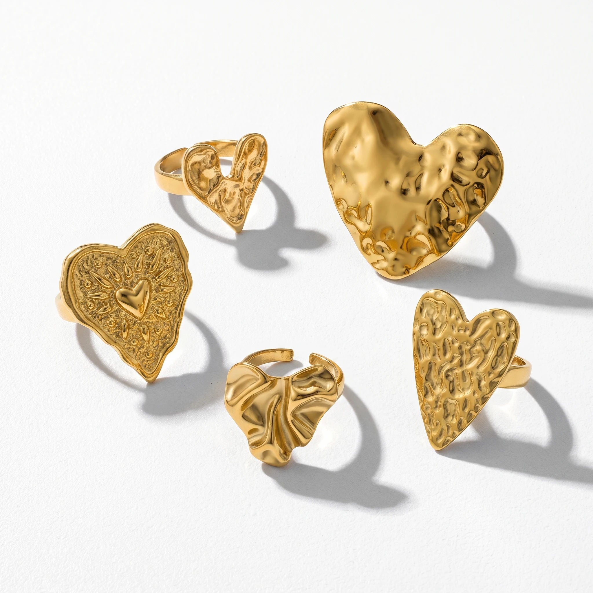 QIAOREN 14279-83 Vintage Hammered Heart Open Cuff Ring Set, Adjustable Stackable Stainless Steel Statement Rings