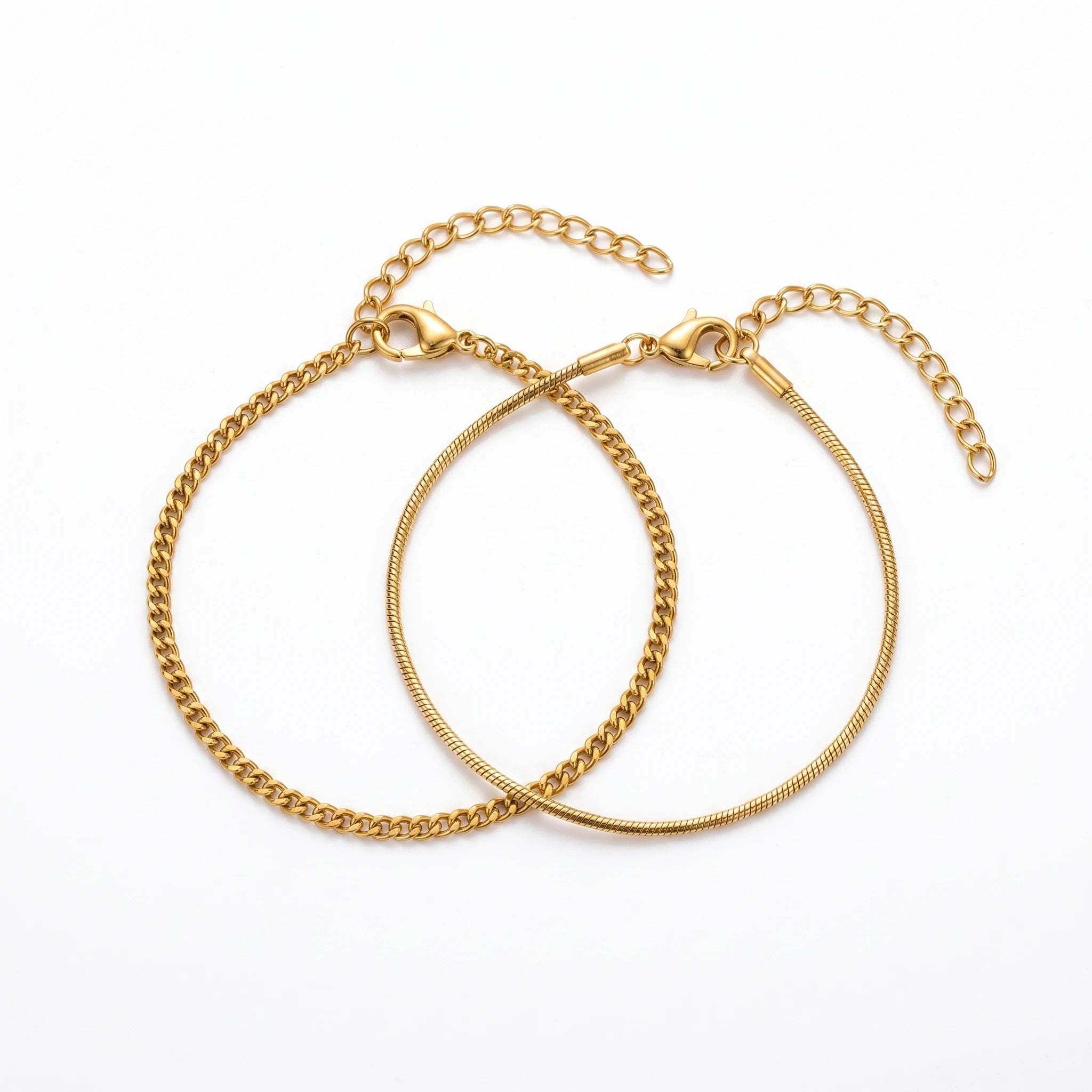 QIAOREN 10596 18K Gold Plated 2PCS Curb & Herringbone Chain Bracelet Set Stainless Steel Tarnish Free