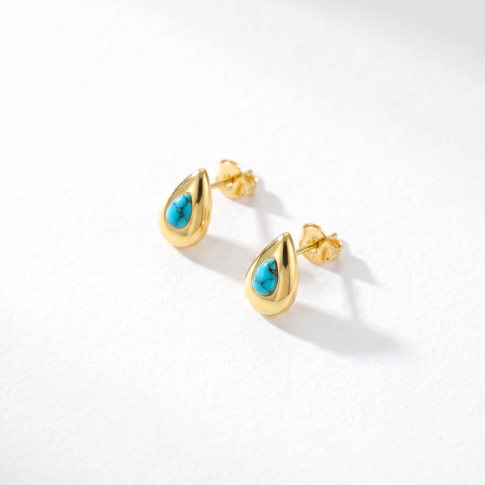 QIAOREN 13276 Gold Tone Hammered Teardrop Stud Earrings Inlaid Natural Turquoise Stone Water Drop Shape Clip Back Studs Bohemian