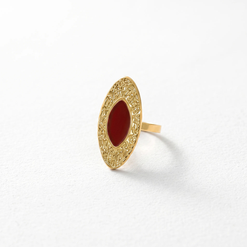 QIAOREN 14202-06 Burgundy Enamel Sunburst Open Ring Set, Vintage Carved Oval Adjustable Stackable Ring Jewelry Gift