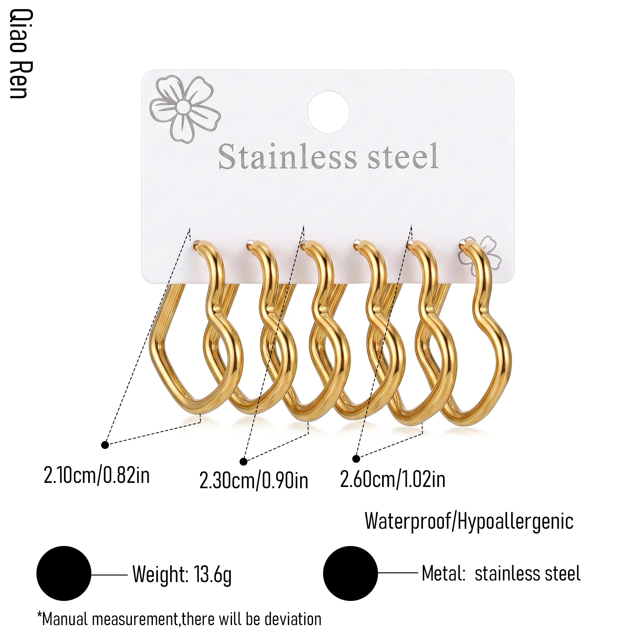 QIAOREN 14458 3 Pair Gold Stainless Steel Twisted Curved Hoop Earrings, Irregular Twist Open Hoops for Daily Jewelry
