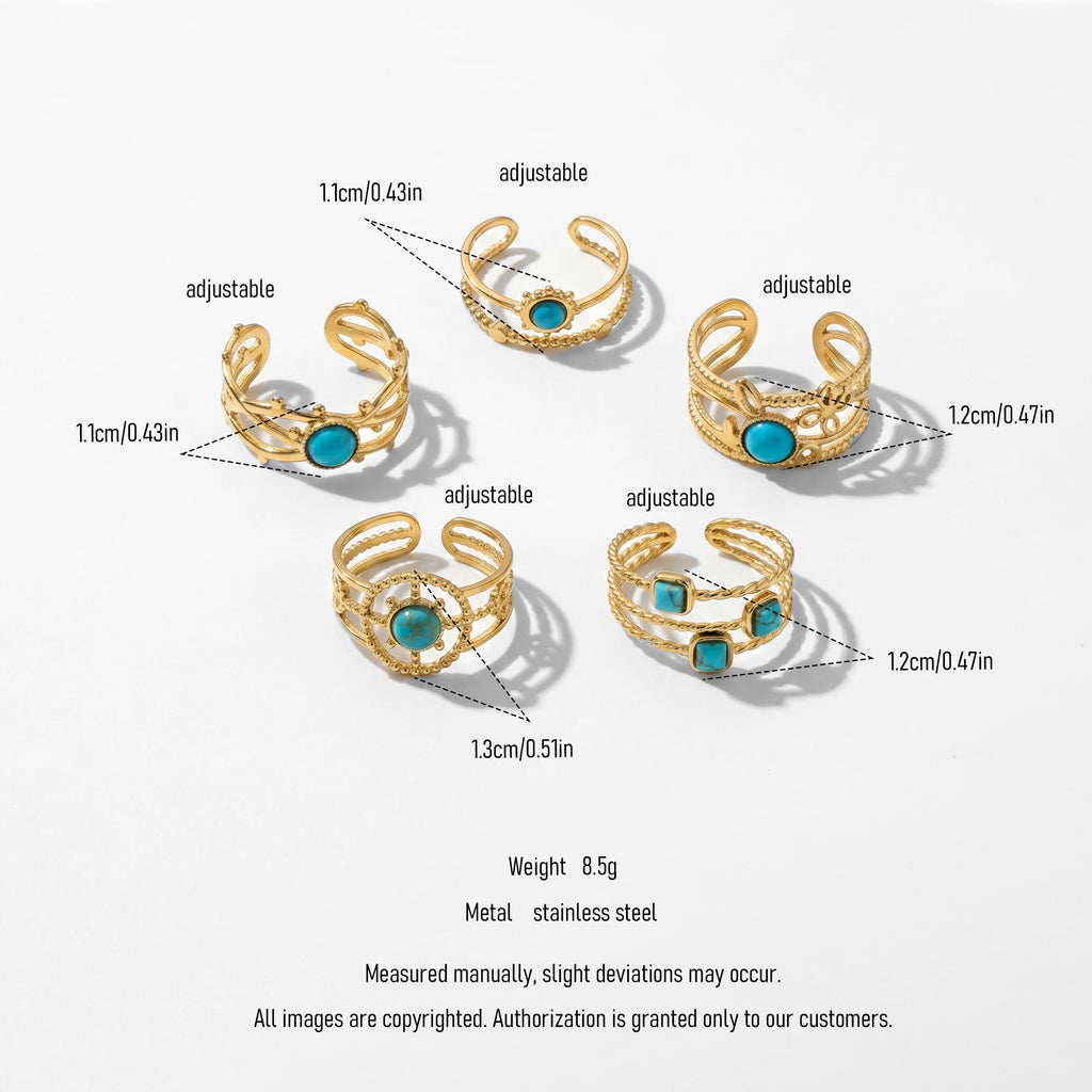 QIAOREN 13146-50 5Pcs Gold Turquoise Open Cuff Ring Set, Boho Hollow Inlaid Turquoise Stainless Steel Stackable Jewelry