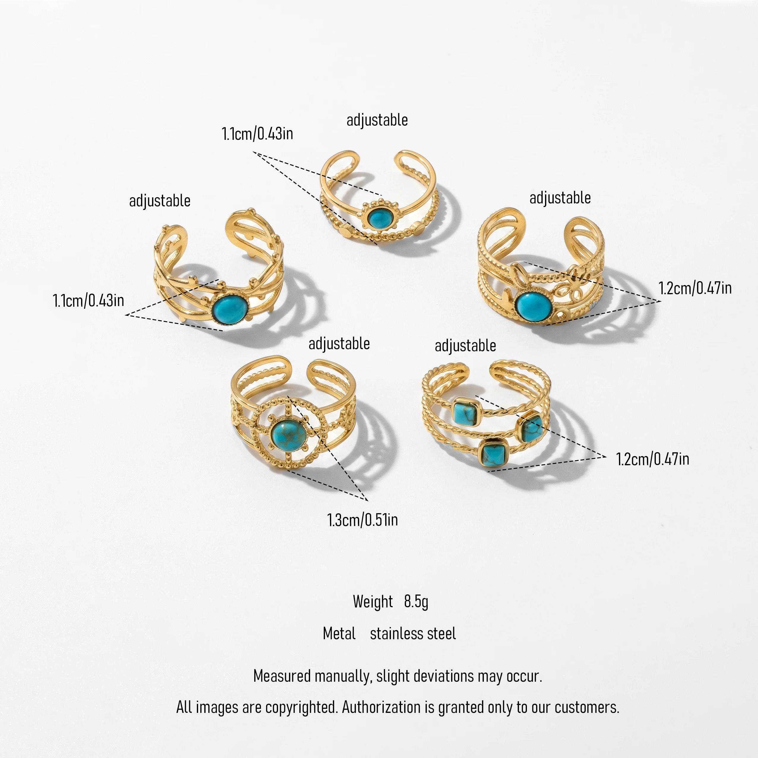QIAOREN 13146-50 5Pcs Gold Turquoise Open Cuff Ring Set, Boho Hollow Inlaid Turquoise Stainless Steel Stackable Jewelry