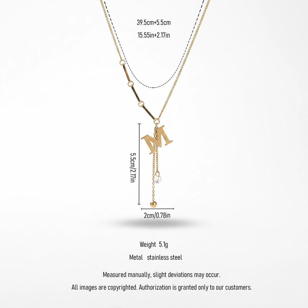 QIAOREN 13991 Mixed Link Y Drop Lariat Necklace with Matte Letter M Charm, Round Bezel Set CZ and Smooth Ball Ends