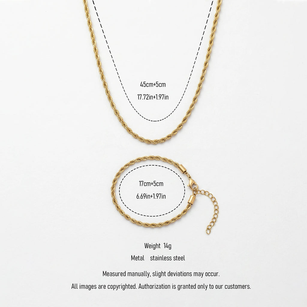 QIAOREN 11497 Minimalist Unisex Twisted Rope Chain Jewelry Set 18K Gold Plated Stainless Steel Daily Wear