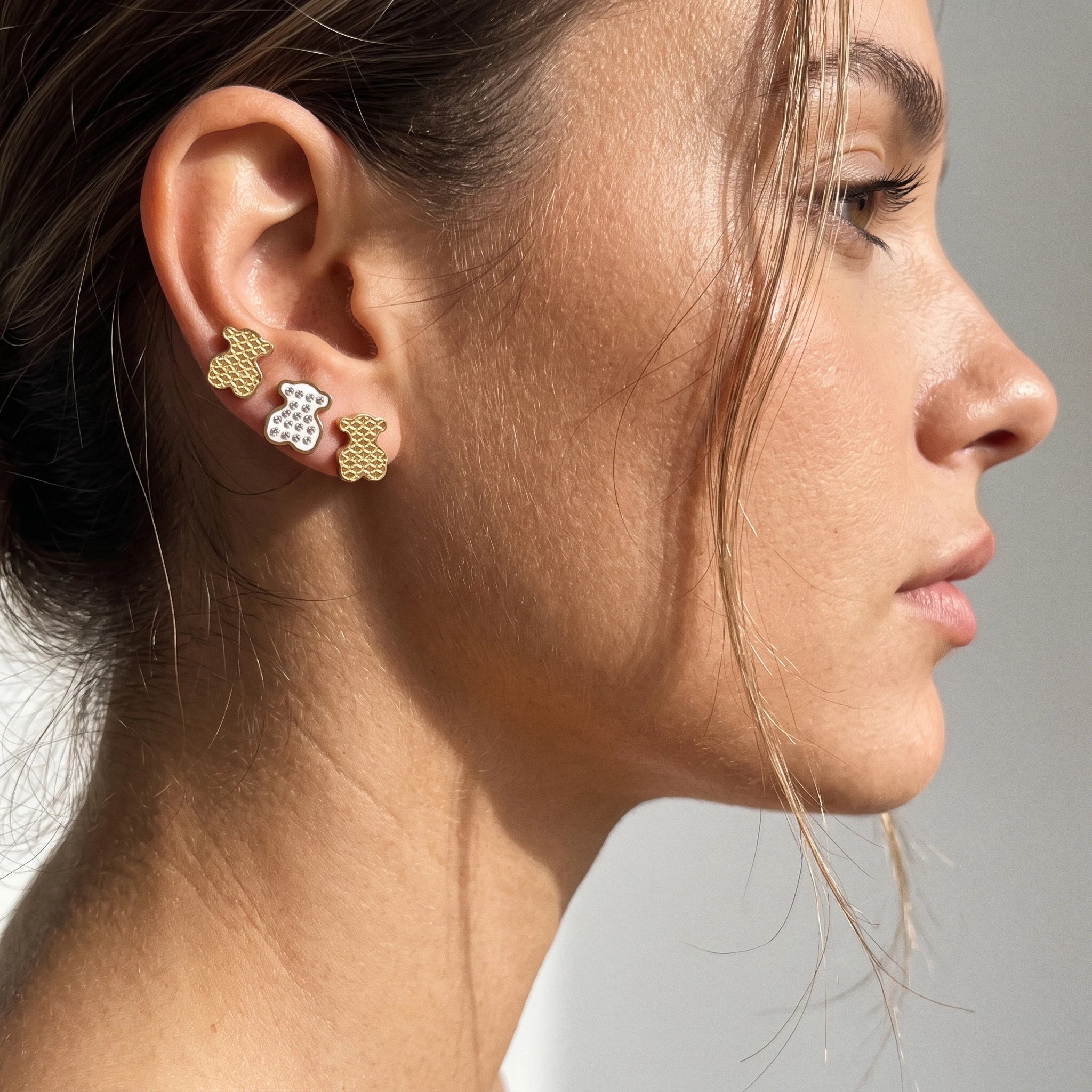 QIAOREN 14466 3 Pair Gold Stainless Steel Bear Stud Earrings, Paved CZ Enamel Bear & Honeycomb Textured Bear Earrings