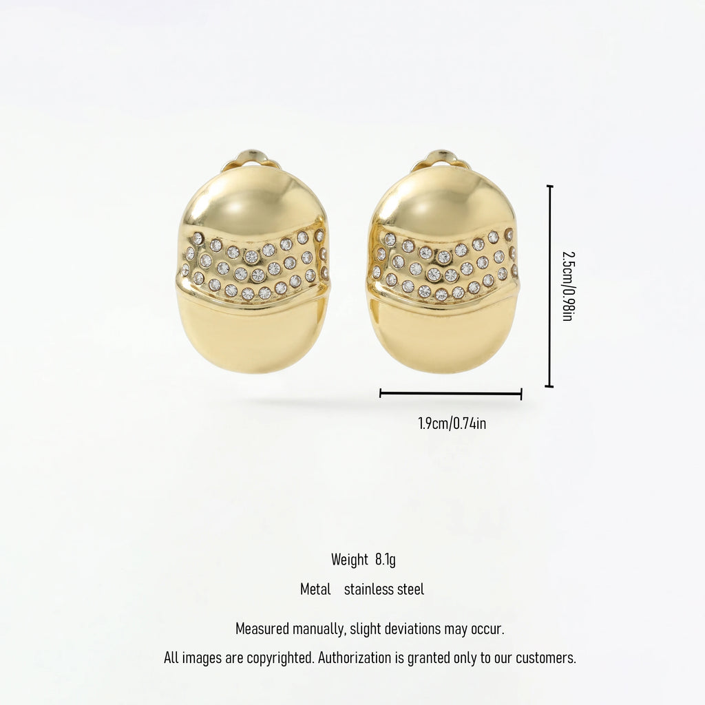 QIAOREN 12431Ready to Ship Chunky Oval Dome Stud Earrings Gold Stainless Steel Vintage 90s Capsule Pave CZ Statement Studs US EU