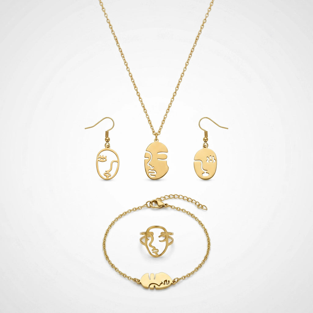 QIAOREN12141Ins Minimalist Abstract Human Face Cutout Stainless Steel 4 in 1 Jewelry Set Gold Plated Ladies Jewelry  Europe USA