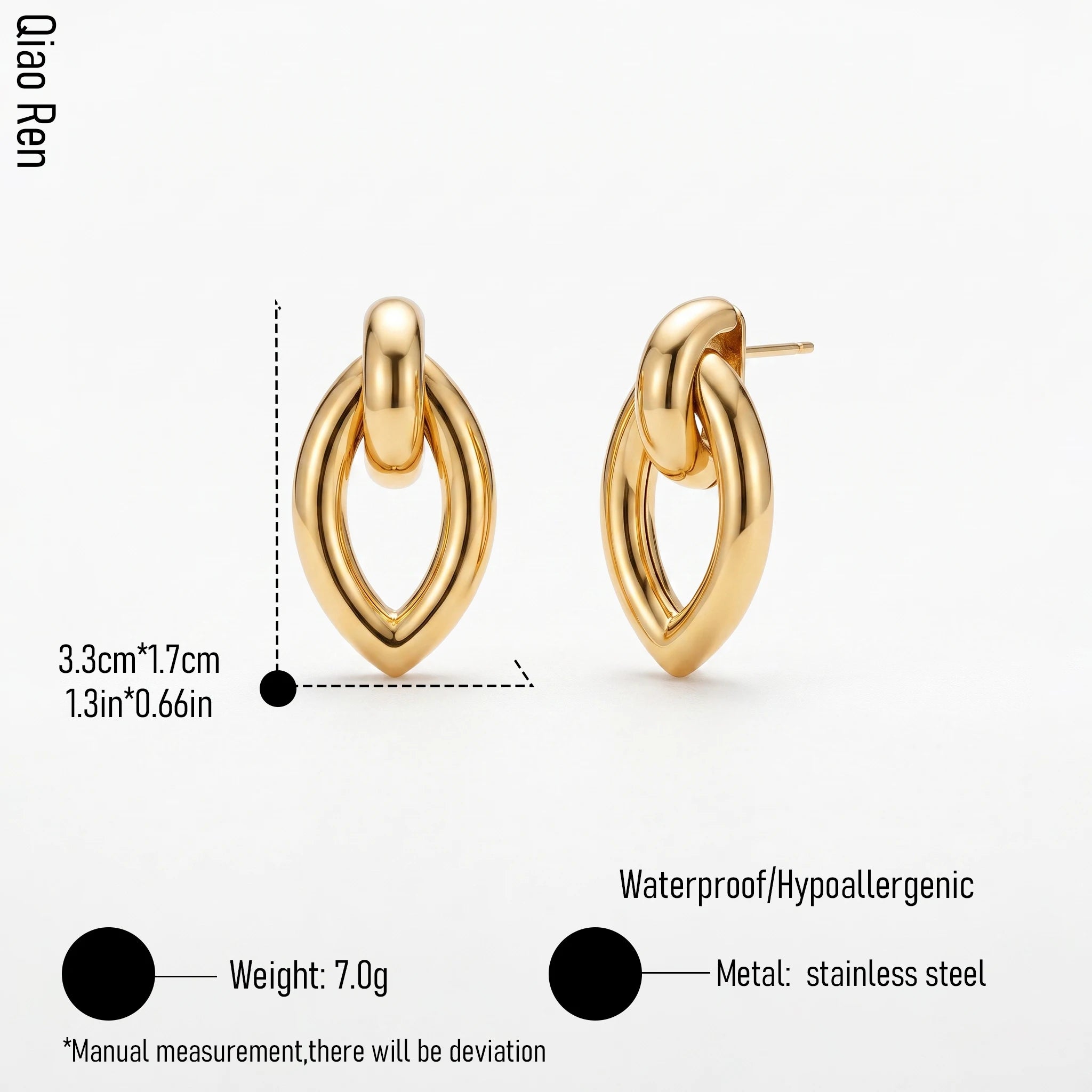 QIAOREN 14533 Waterproof Stainless Steel Hoop Earrings Oval Drop Statement Earrings Hypoallergenic Jewelry Women