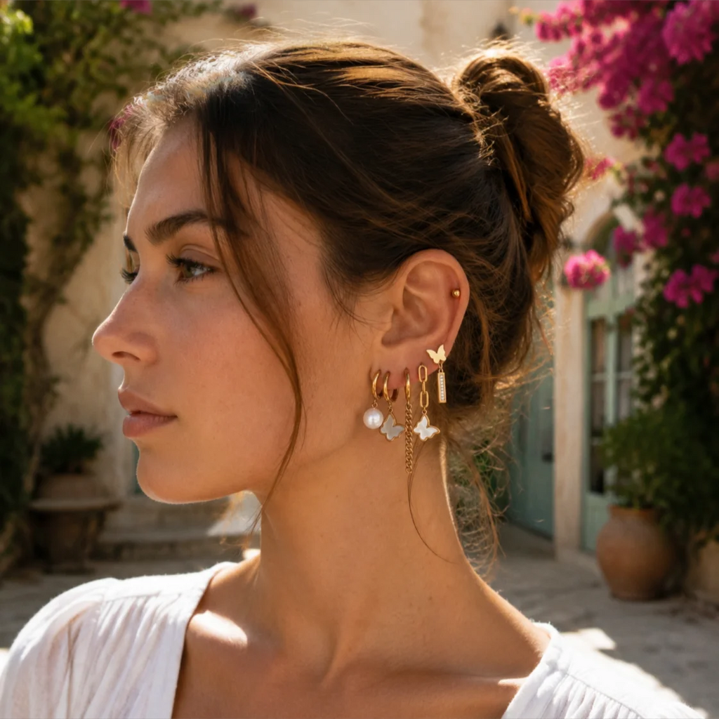 QIAOREN 14480 Stainless Steel Gold Huggie Hoop Earrings Set, Shell Butterfly, Pearl, Chain Tassel & Bar Zircon Dangle Jewelry