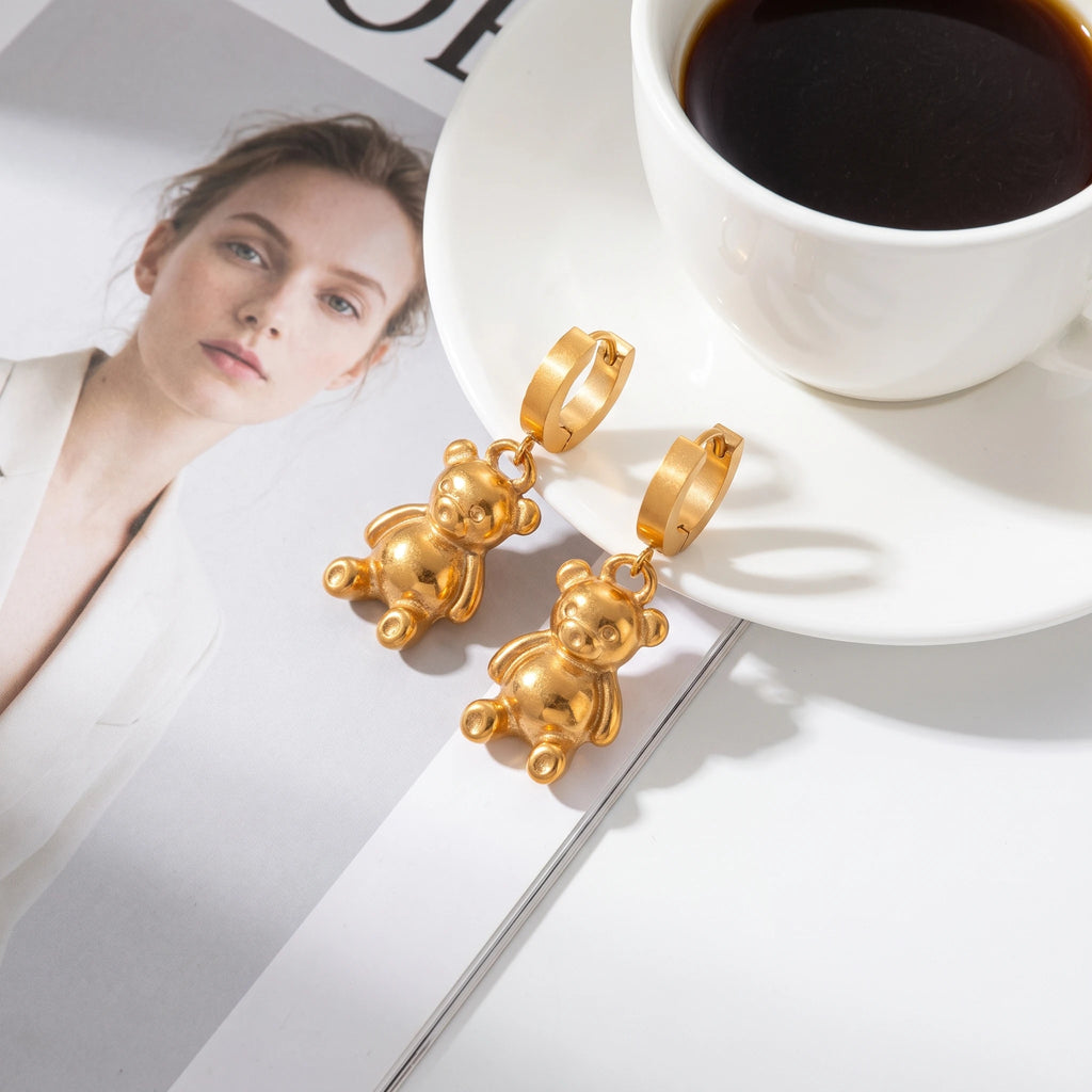 QIAOREN 14379 Cute 3D Teddy Bear Dangle Huggie Hoop Earrings, Stainless Steel Drop Earrings Jewelry Gift for Daily Outfits