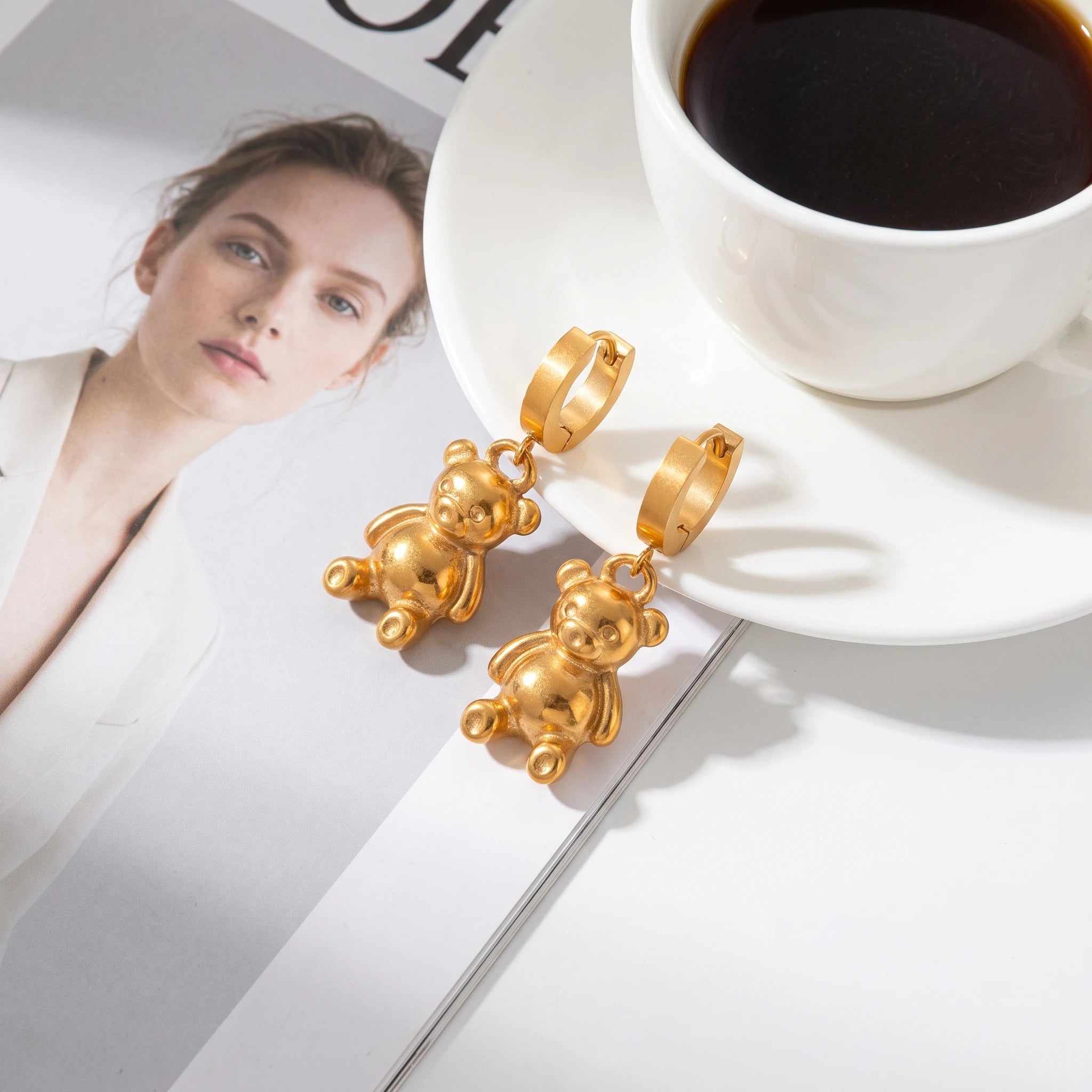QIAOREN 14379 Cute 3D Teddy Bear Dangle Huggie Hoop Earrings, Stainless Steel Drop Earrings Jewelry Gift for Daily Outfits