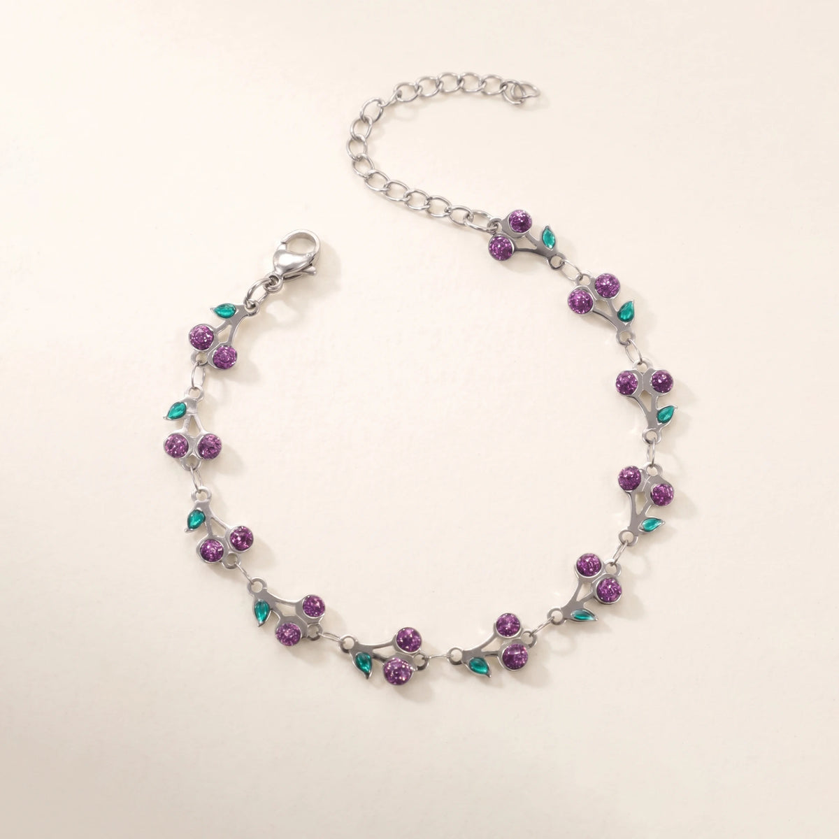QIAOREN 12224-33 Waterproof Stainless Steel Gold Cherry Bracelet Pink Rhinestone Leaf Charm Bracelet for Women