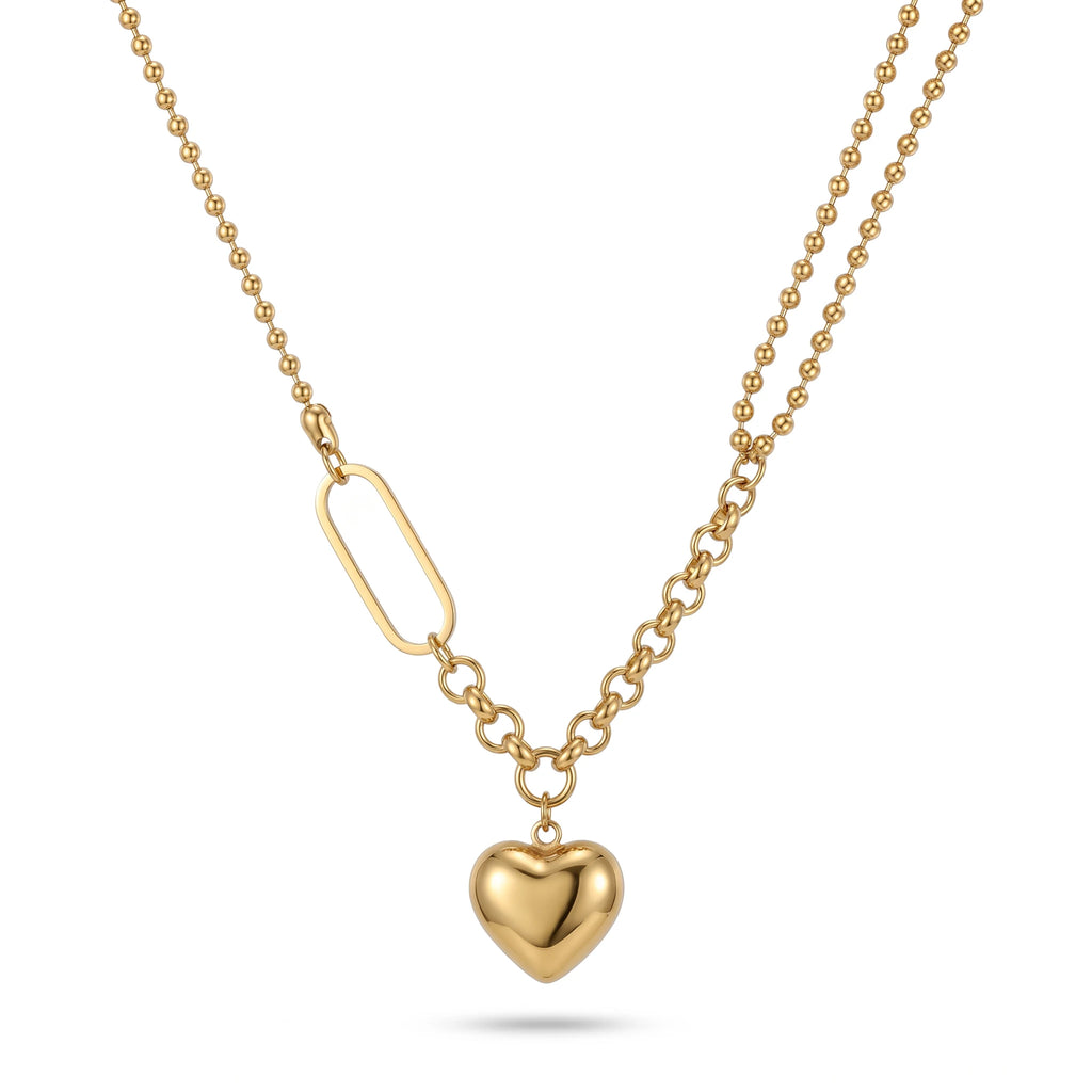 QIAOREN 11812 18K Gold Plated Stainless Steel Anti-Tarnish Hypoallergenic Mixed Bead & Paperclip Chain Heart Pendant Necklace