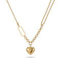 QIAOREN 11812 18K Gold Plated Stainless Steel Anti-Tarnish Hypoallergenic Mixed Bead & Paperclip Chain Heart Pendant Necklace