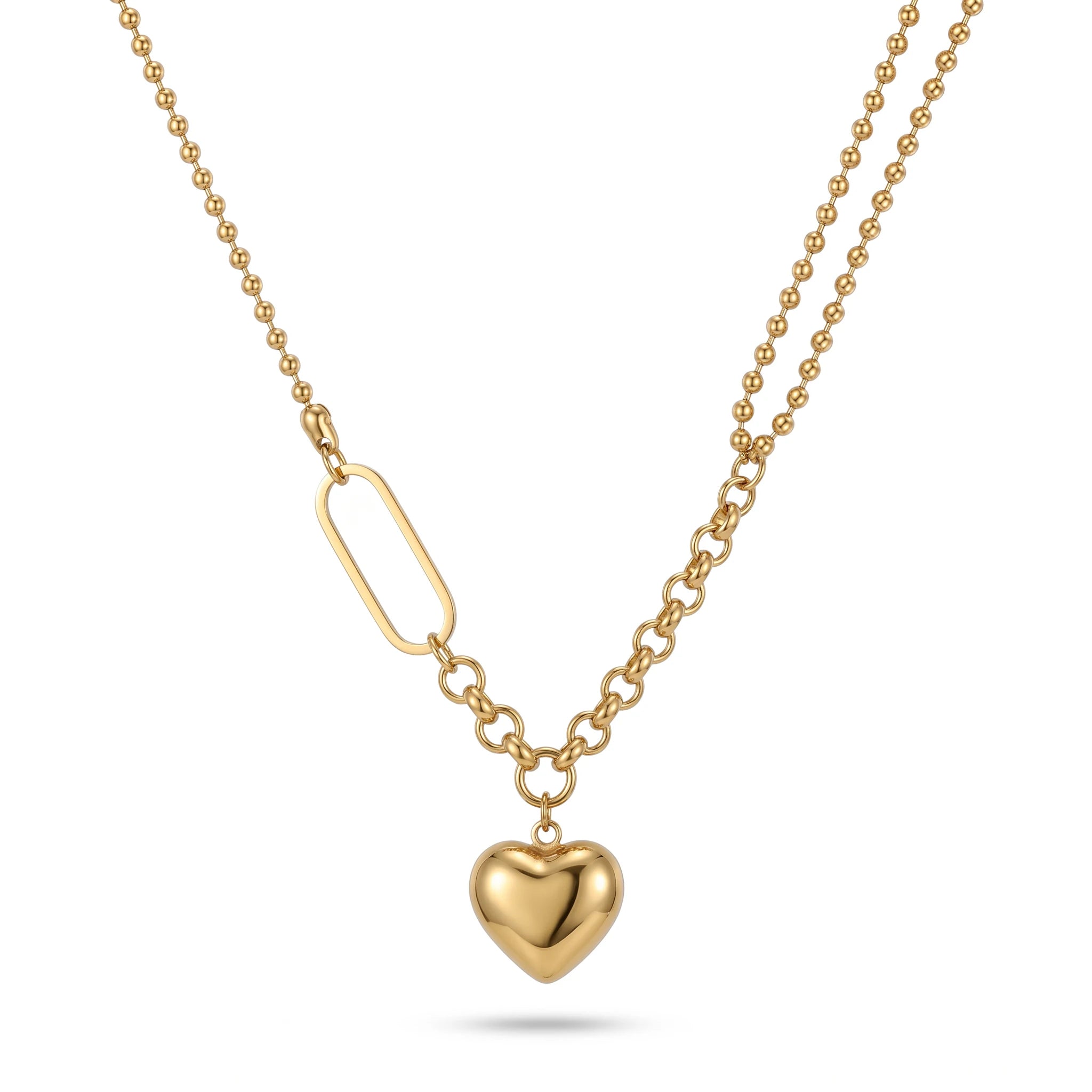 QIAOREN 11812 18K Gold Plated Stainless Steel Anti-Tarnish Hypoallergenic Mixed Bead & Paperclip Chain Heart Pendant Necklace