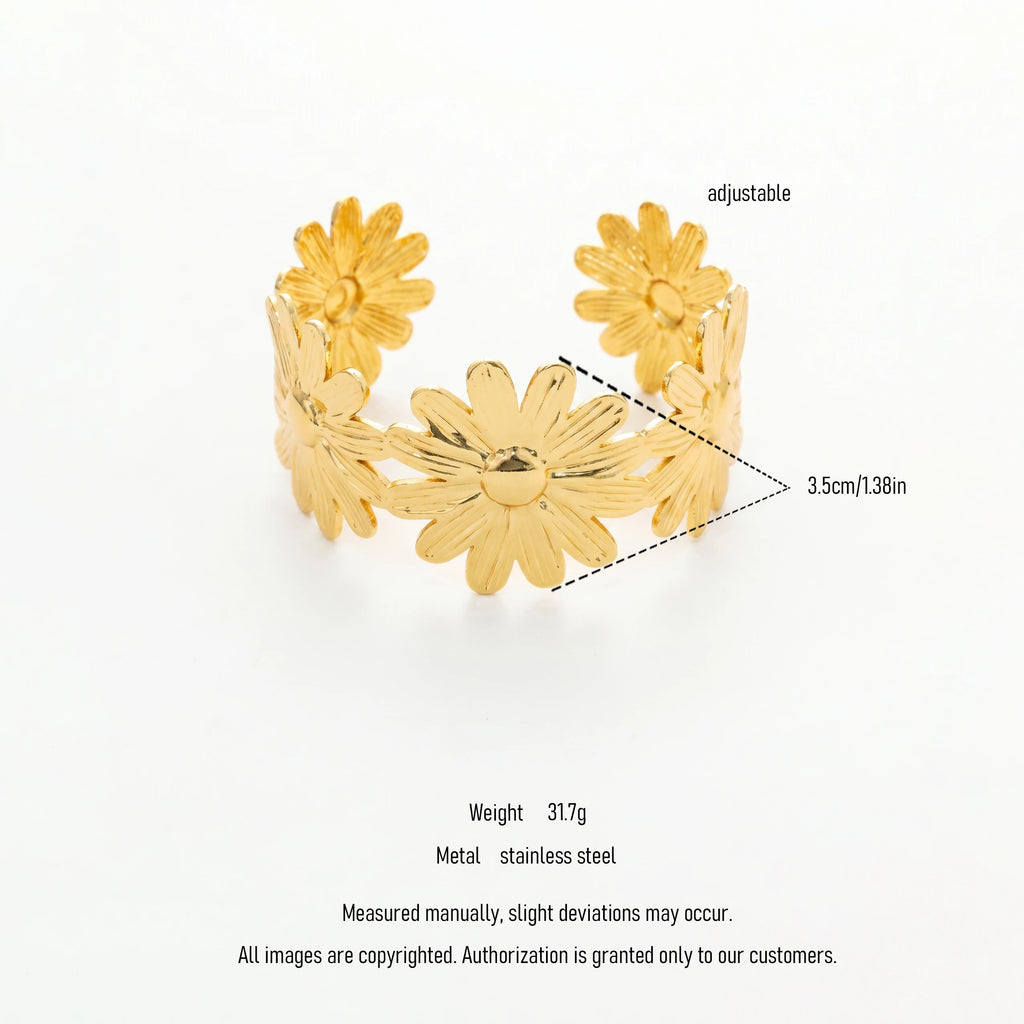 QIAOREN 12667 18K Gold Plated Stainless Steel Multi Daisy Flower Wide Open Cuff Bracelet Adjustable Floral Stackable Wrist