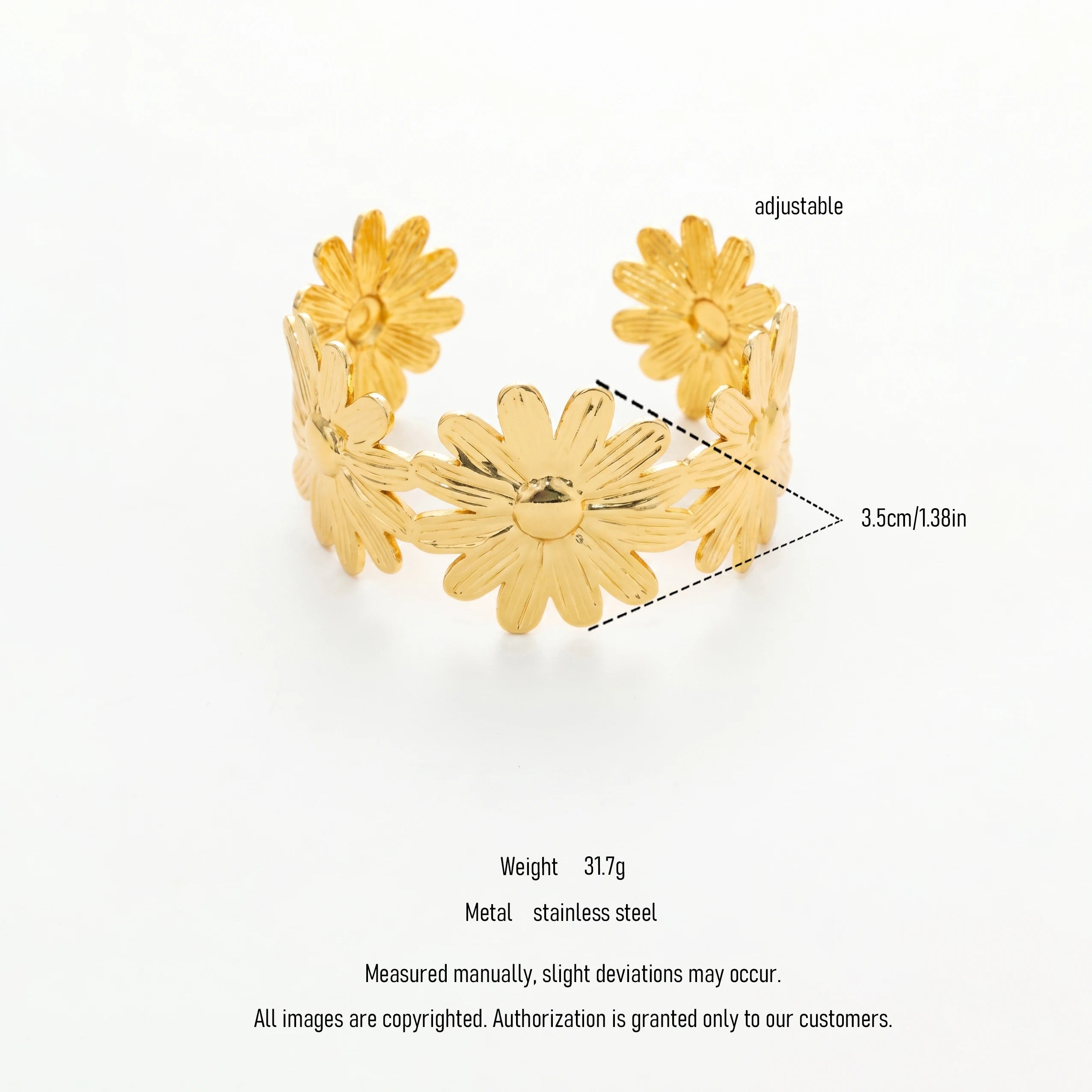 QIAOREN 12667 18K Gold Plated Stainless Steel Multi Daisy Flower Wide Open Cuff Bracelet Adjustable Floral Stackable Wrist