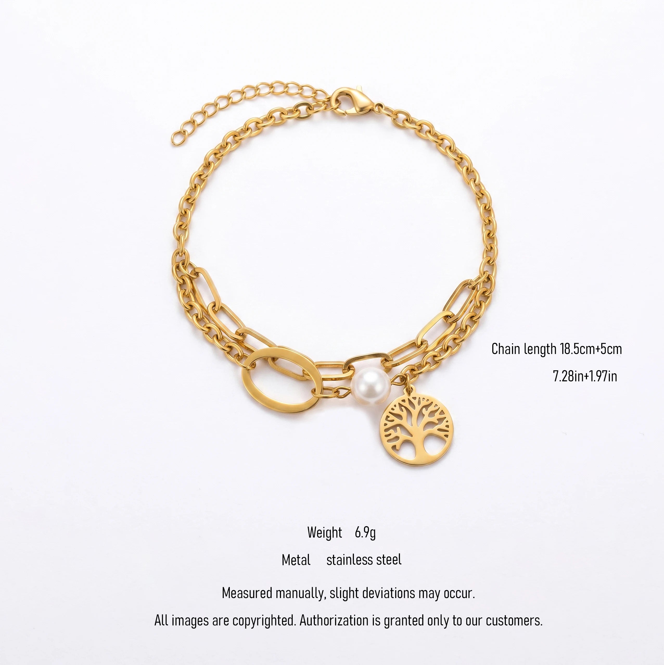 QIAOREN 10810 Waterproof 18K Gold Plated Stainless Steel Tree of Life Pearl Layered Bracelet for Women Family Gift Jewelry