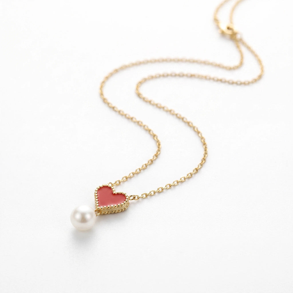 QIAOREN 13751 Thin Oval Link Chain Pendant Necklace with Beaded Border Red Enamel Heart Charm Hanging Single White Pearl