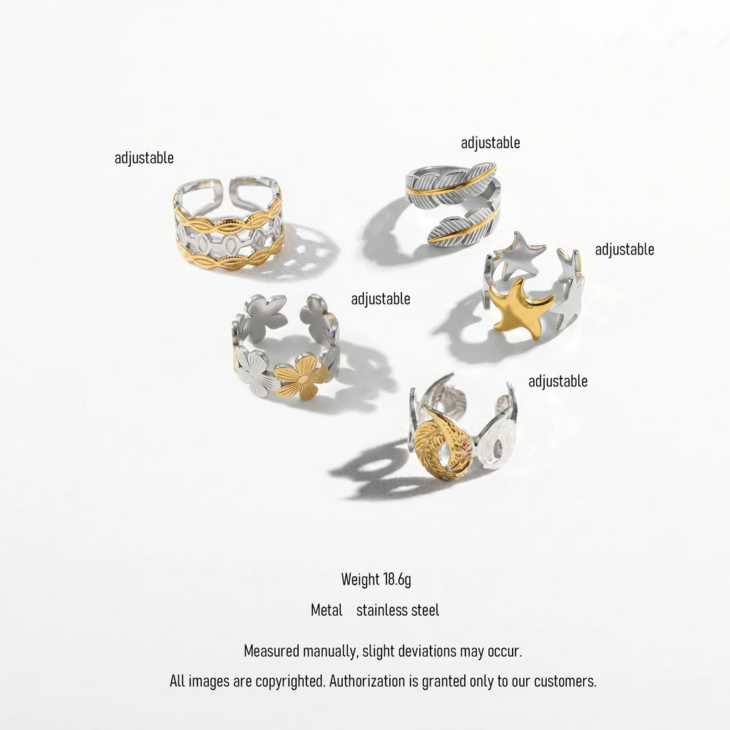 QIAOREN 12929-32 18K Gold Plated 316L Stainless Steel Two Tone Snake Star Adjustable Rings Set Tarnish Free Waterproof Jewelry