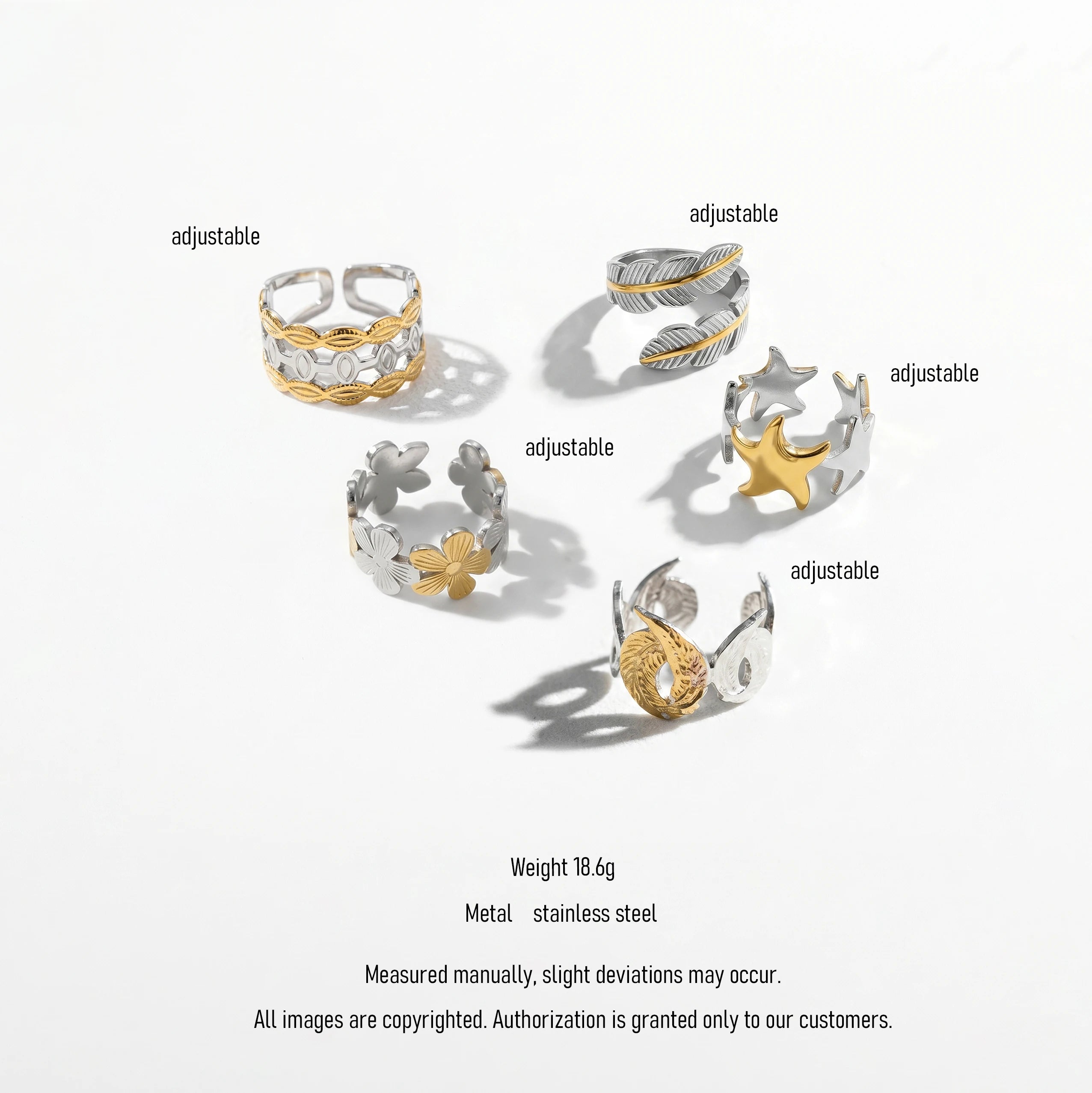 QIAOREN 12929-32 18K Gold Plated 316L Stainless Steel Two Tone Snake Star Adjustable Rings Set Tarnish Free Waterproof Jewelry