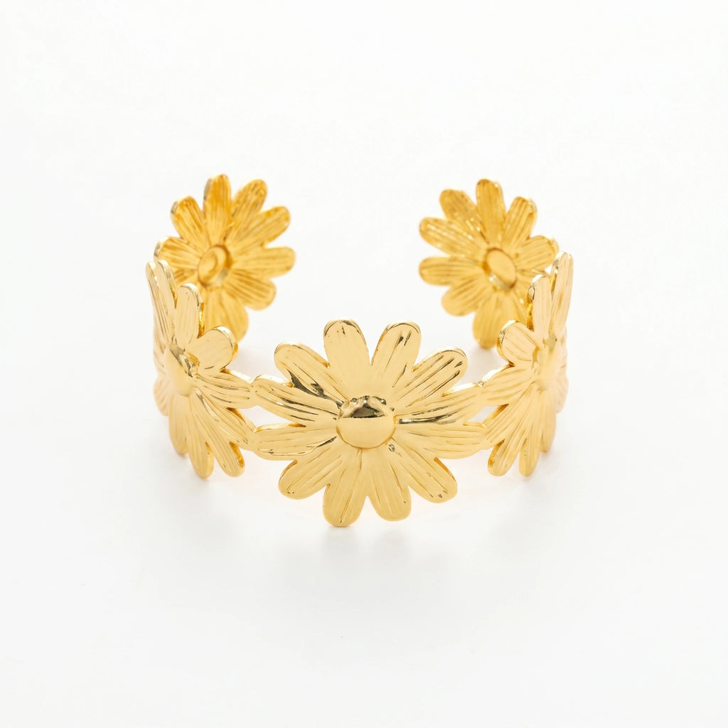 QIAOREN 12667 18K Gold Plated Stainless Steel Multi Daisy Flower Wide Open Cuff Bracelet Adjustable Floral Stackable Wrist